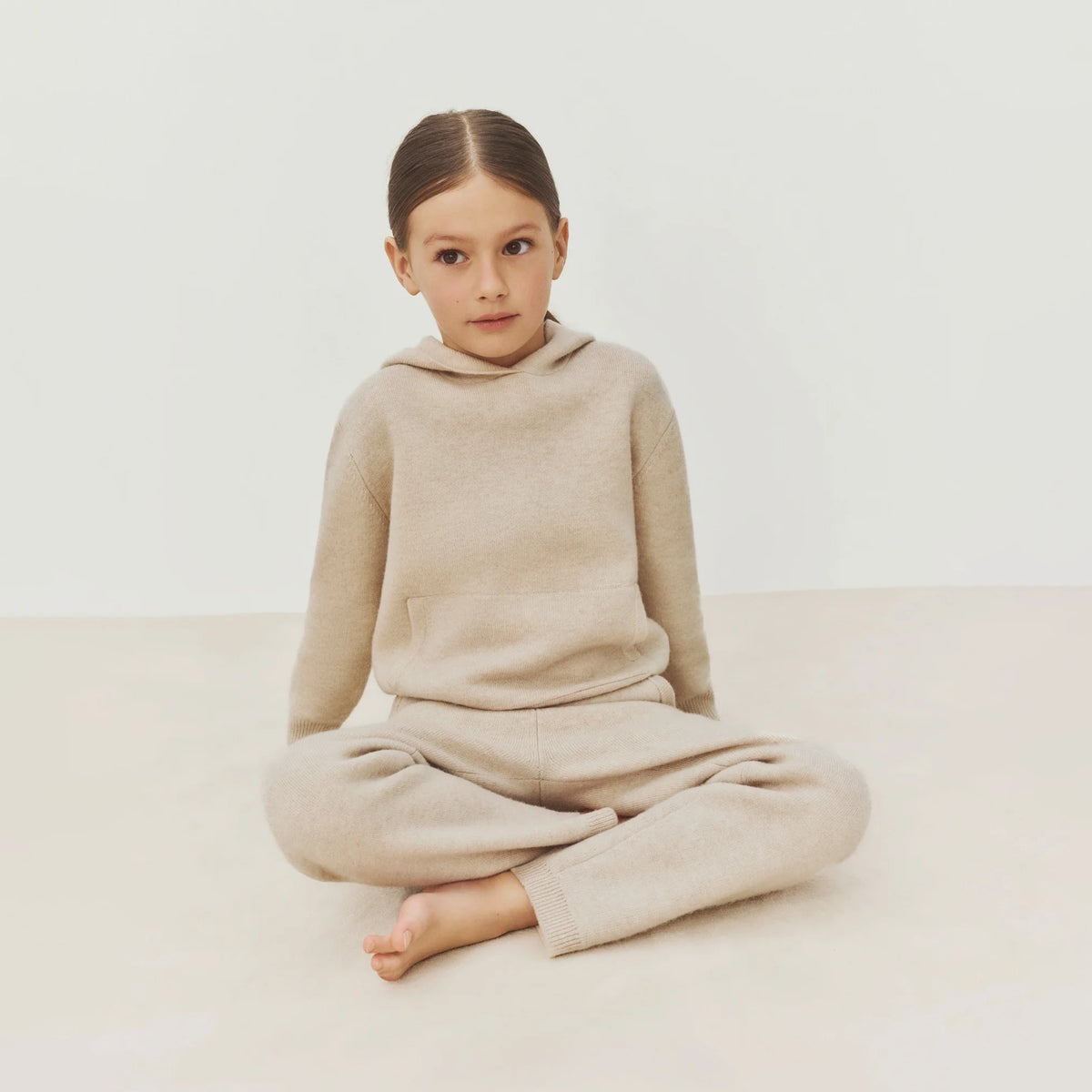 Girls Beige Hooded Wool Sweater