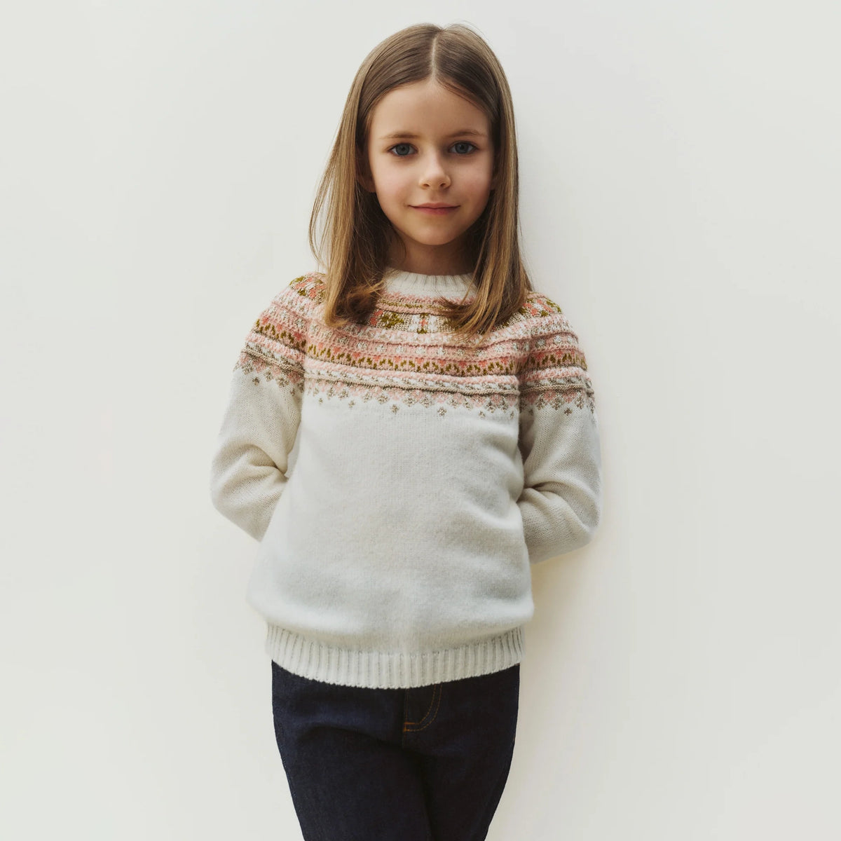 Girls White Jacquard Wool Sweater