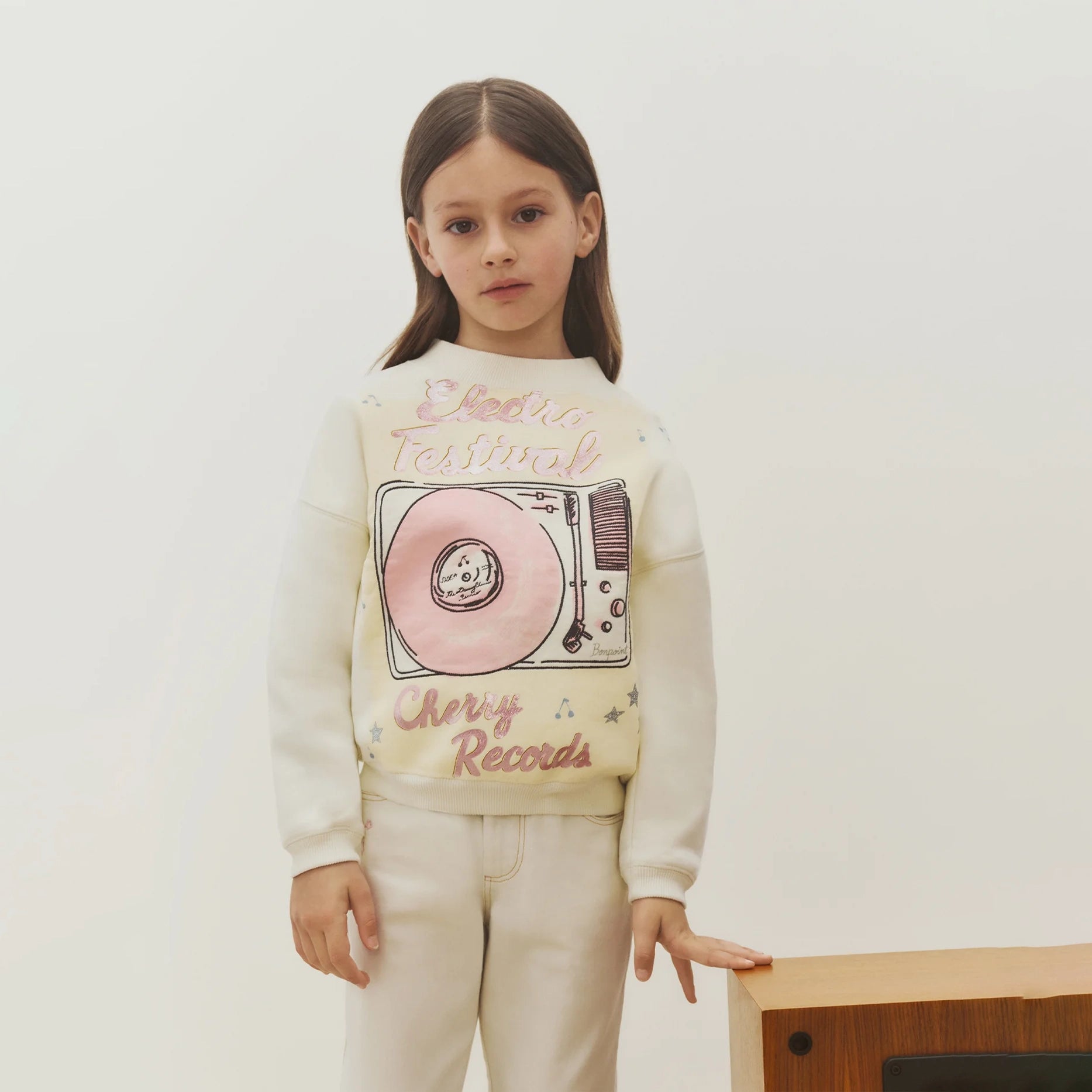 Girls White Printed Cotton Sweatshirt