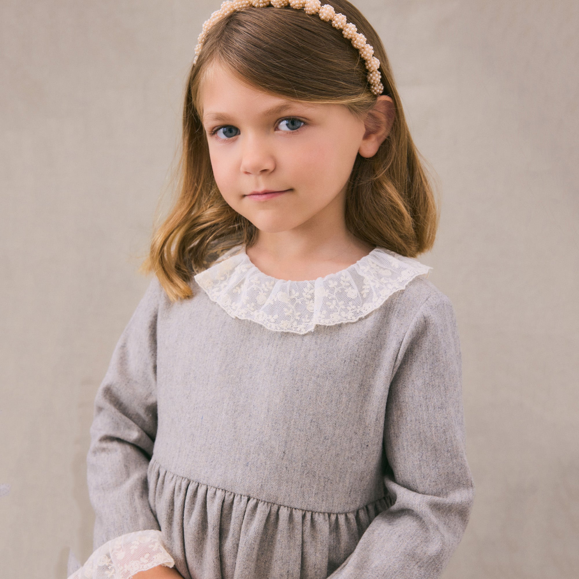 Girls Beige Ruffled Wool Dress