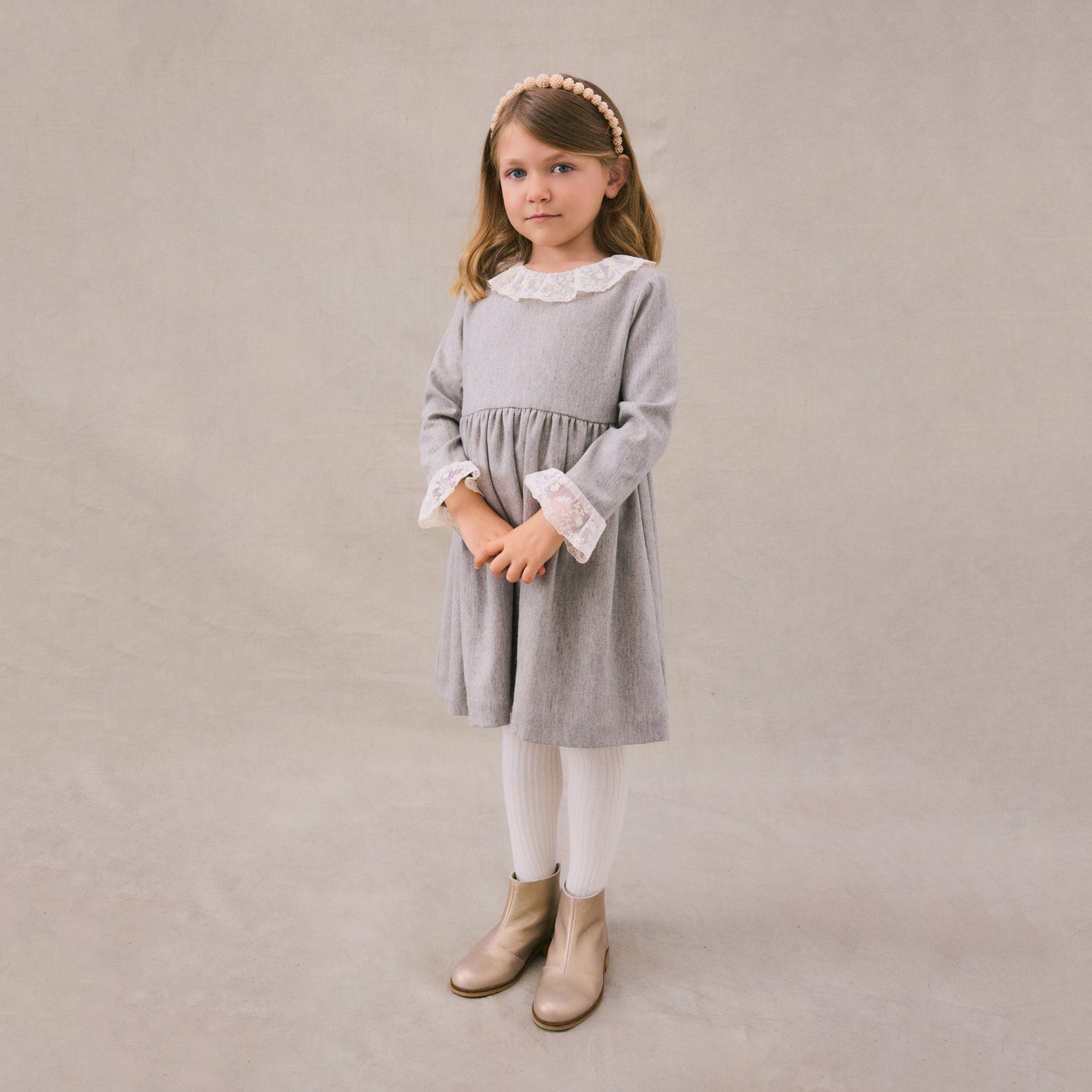 Girls Beige Ruffled Wool Dress