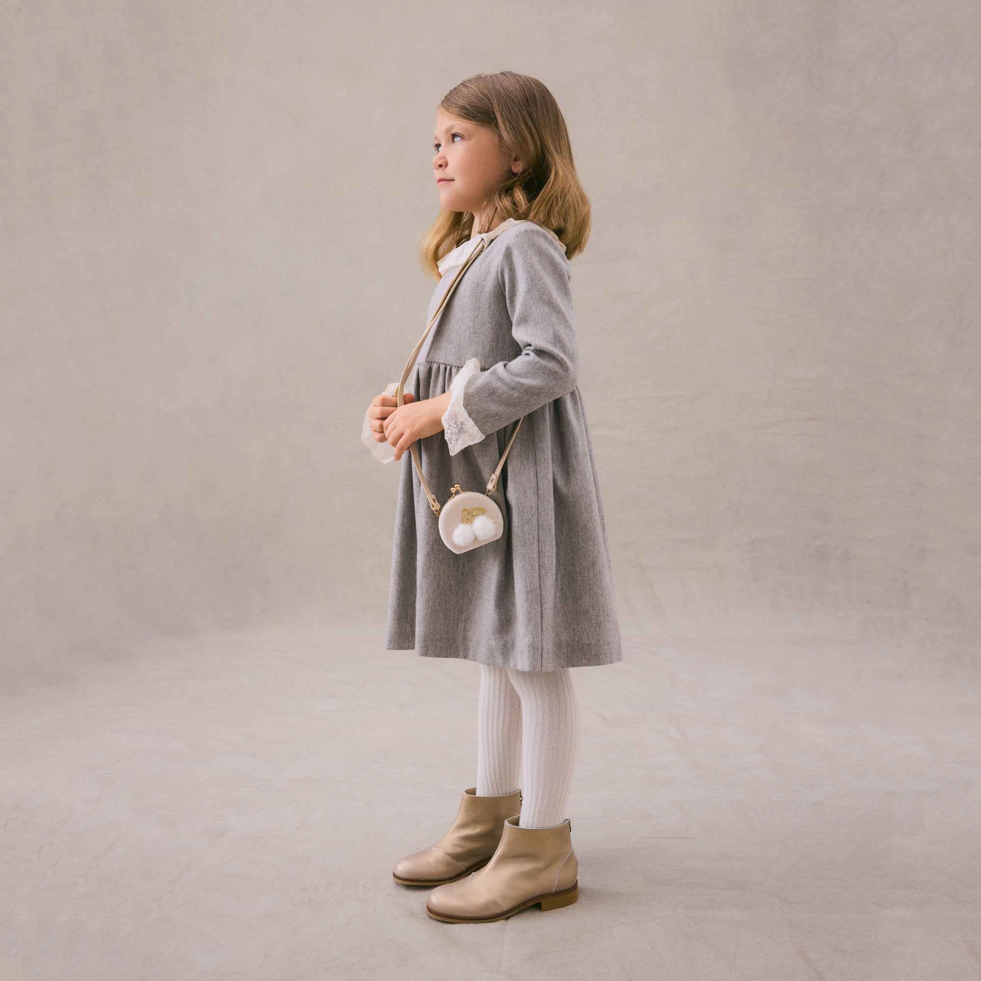 Girls Beige Ruffled Wool Dress