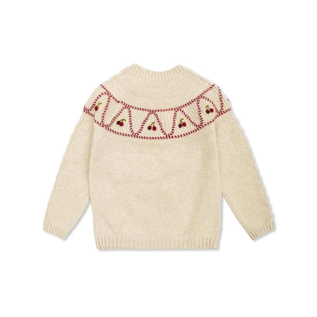 Girls Beige Cherry Embroidered Wool Sweater