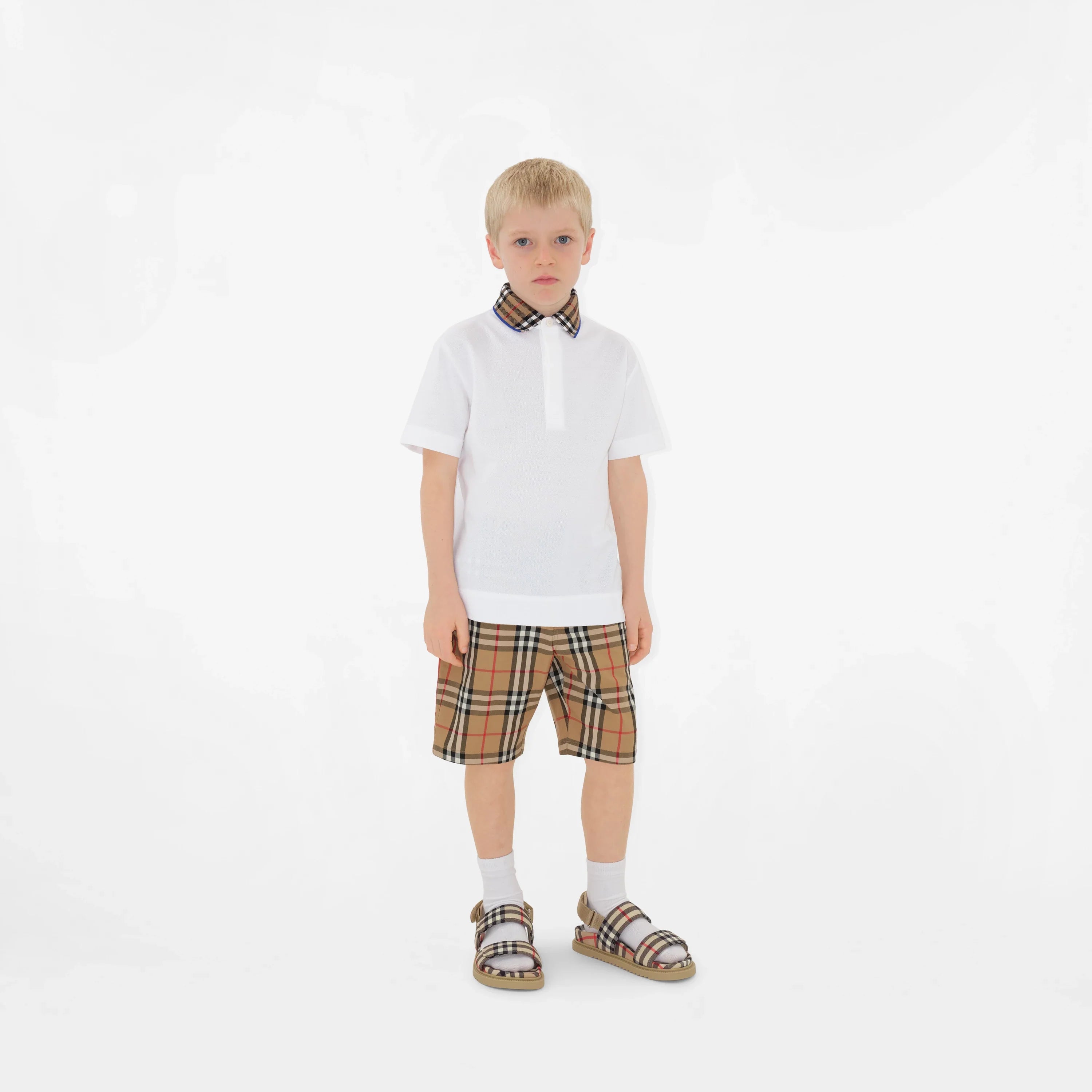 Boys Check Collar Johane Polo Shirt in White
