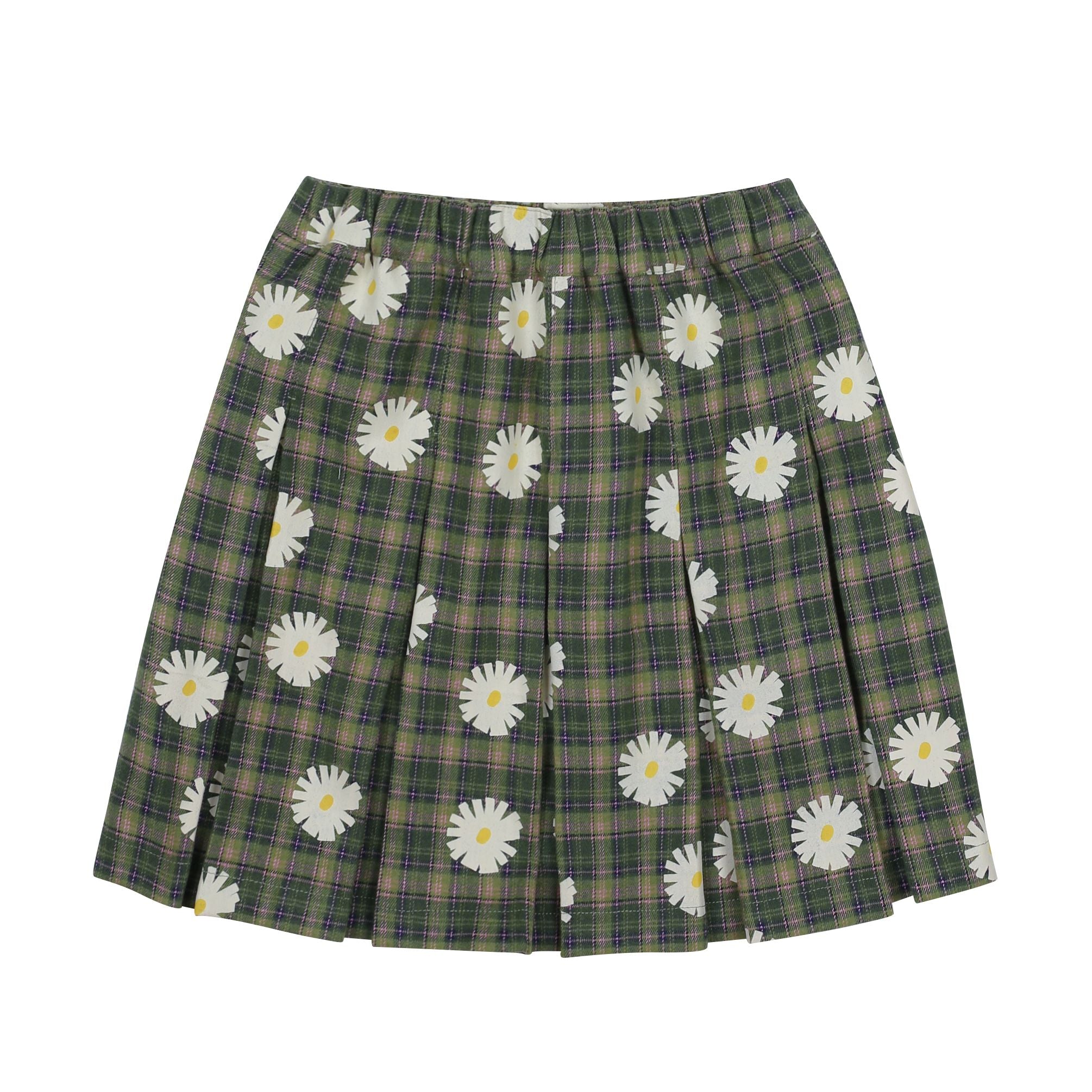 Girls Green Daisy Printed Pleated Skirt