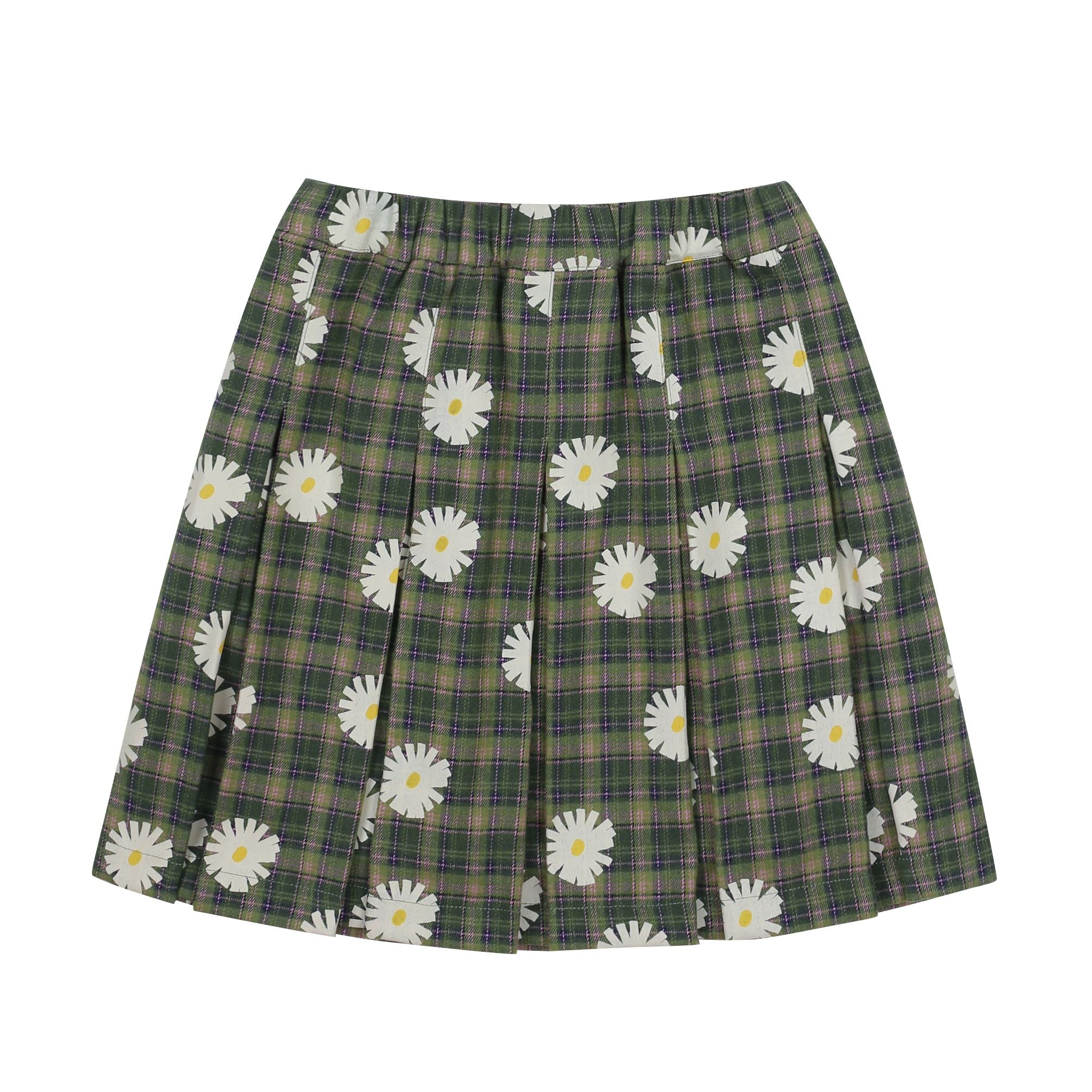 Girls Green Daisy Printed Pleated Skirt
