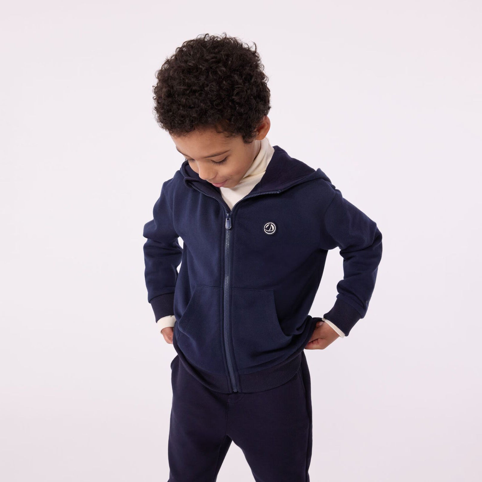Boys Navy Hooded Cotton Zip-Up Top