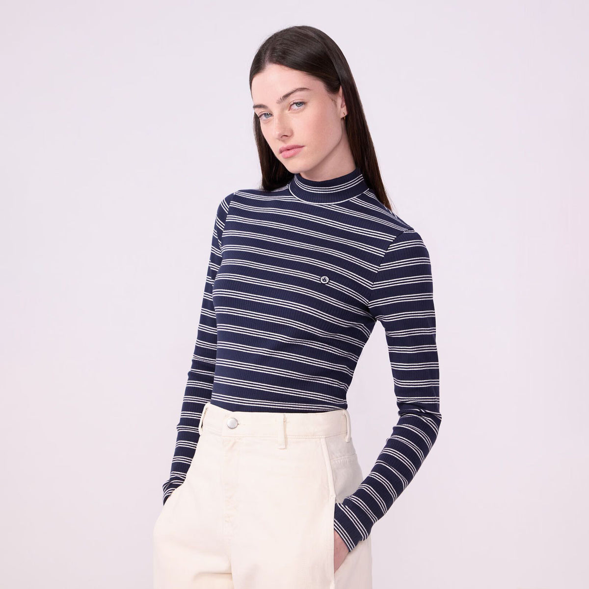 Col roulé en coton rayé marine pour femme