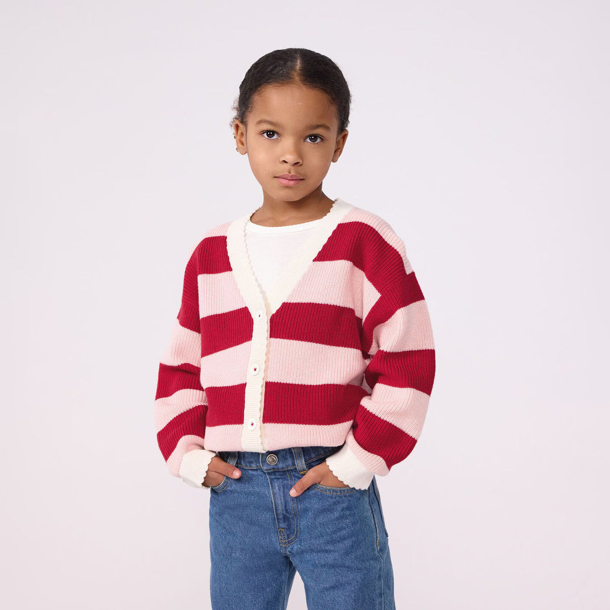 Girls Red Stripes Wool Cardigan