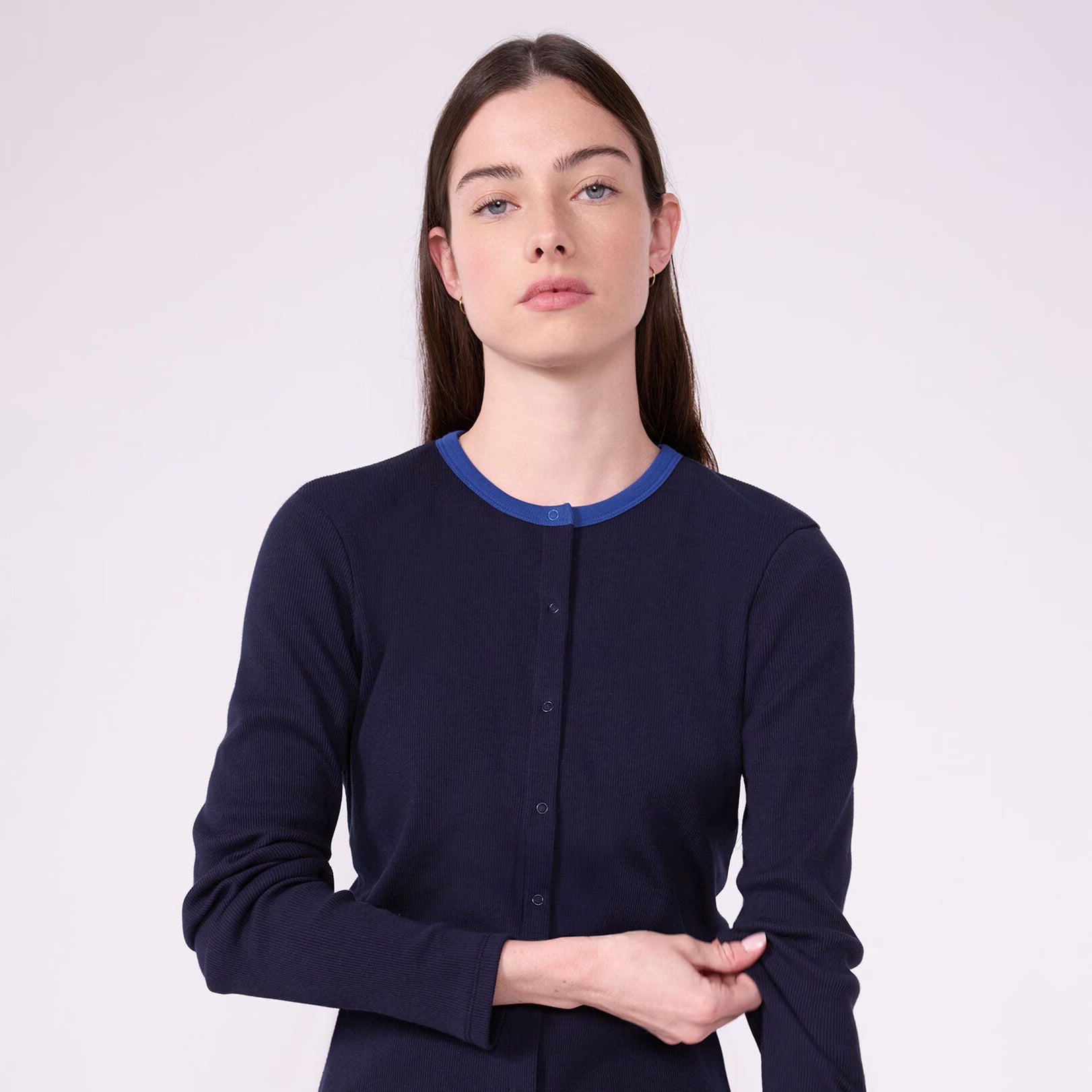 Women Navy Cotton Knit Cardigan