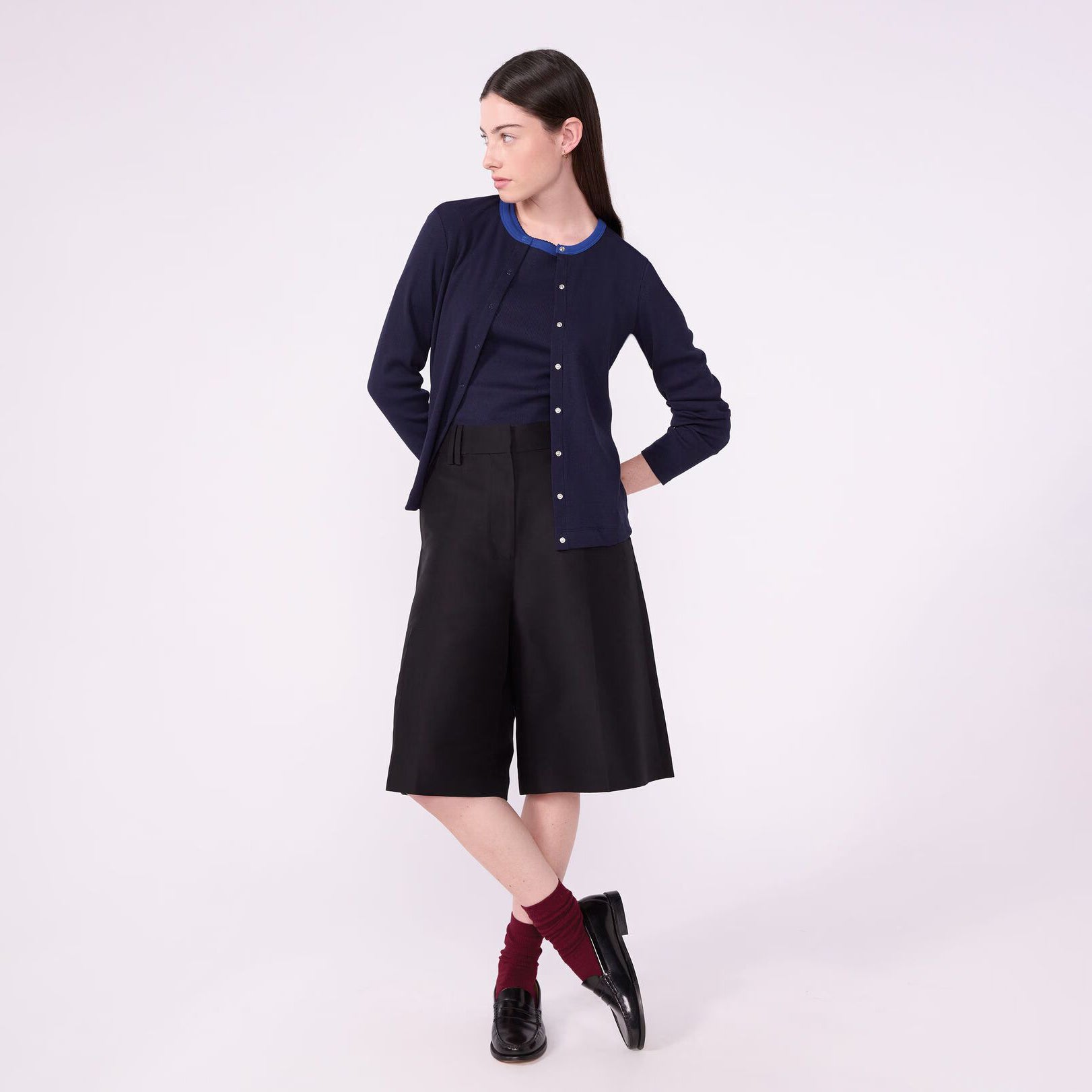 Women Navy Cotton Knit Cardigan