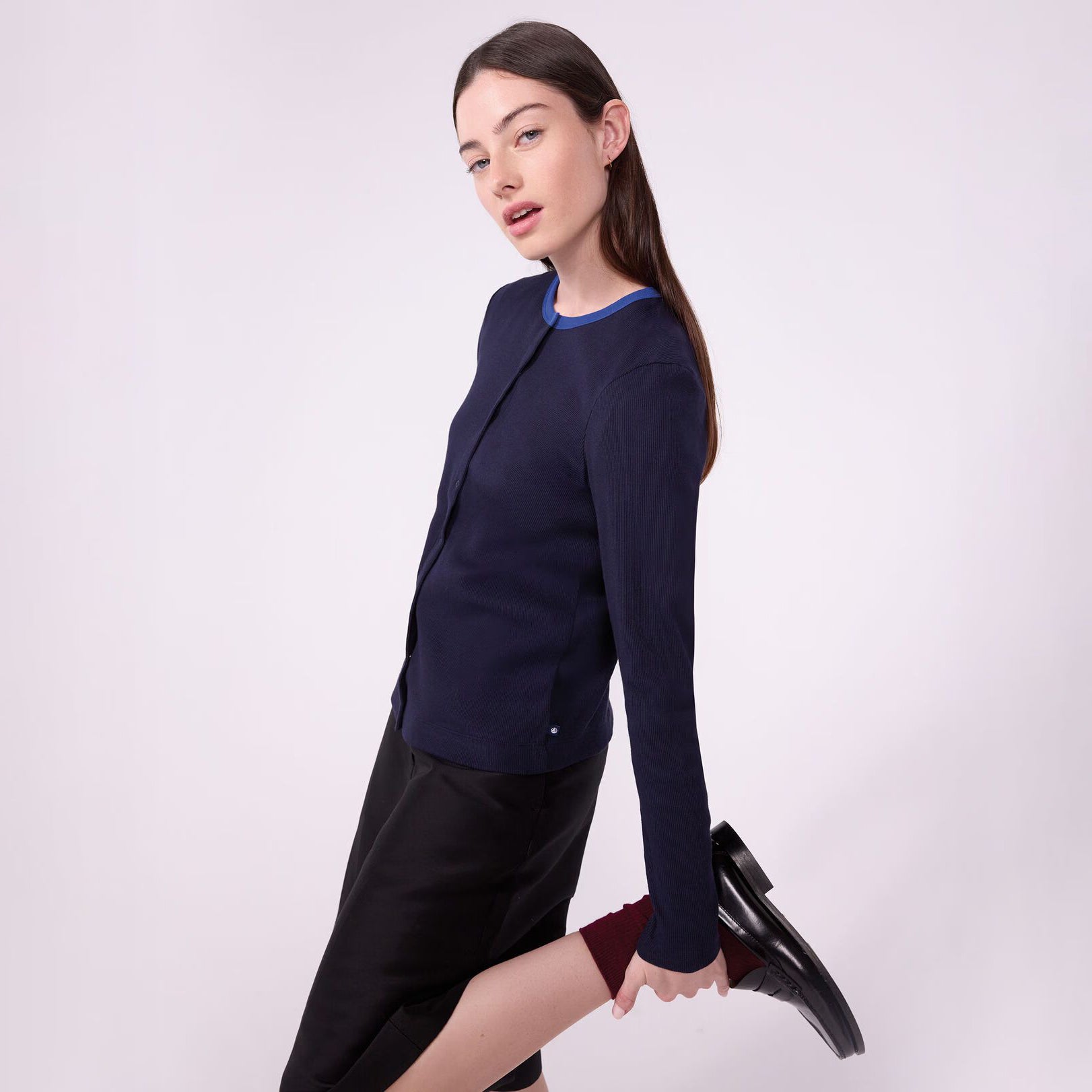 Women Navy Cotton Knit Cardigan
