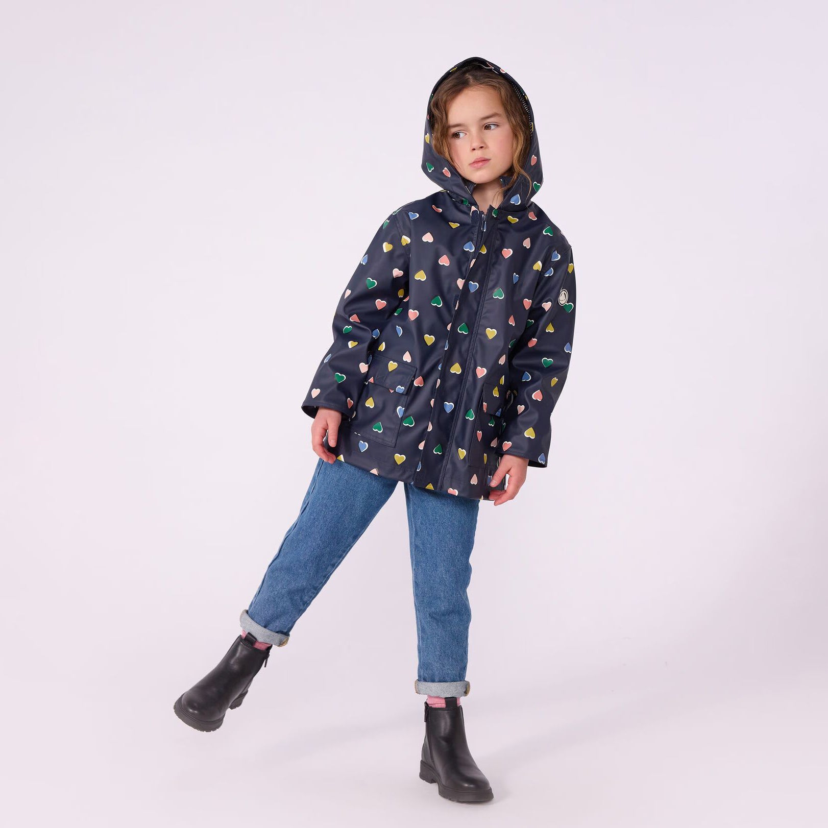 Girls Navy Heart Printed Rain Coat