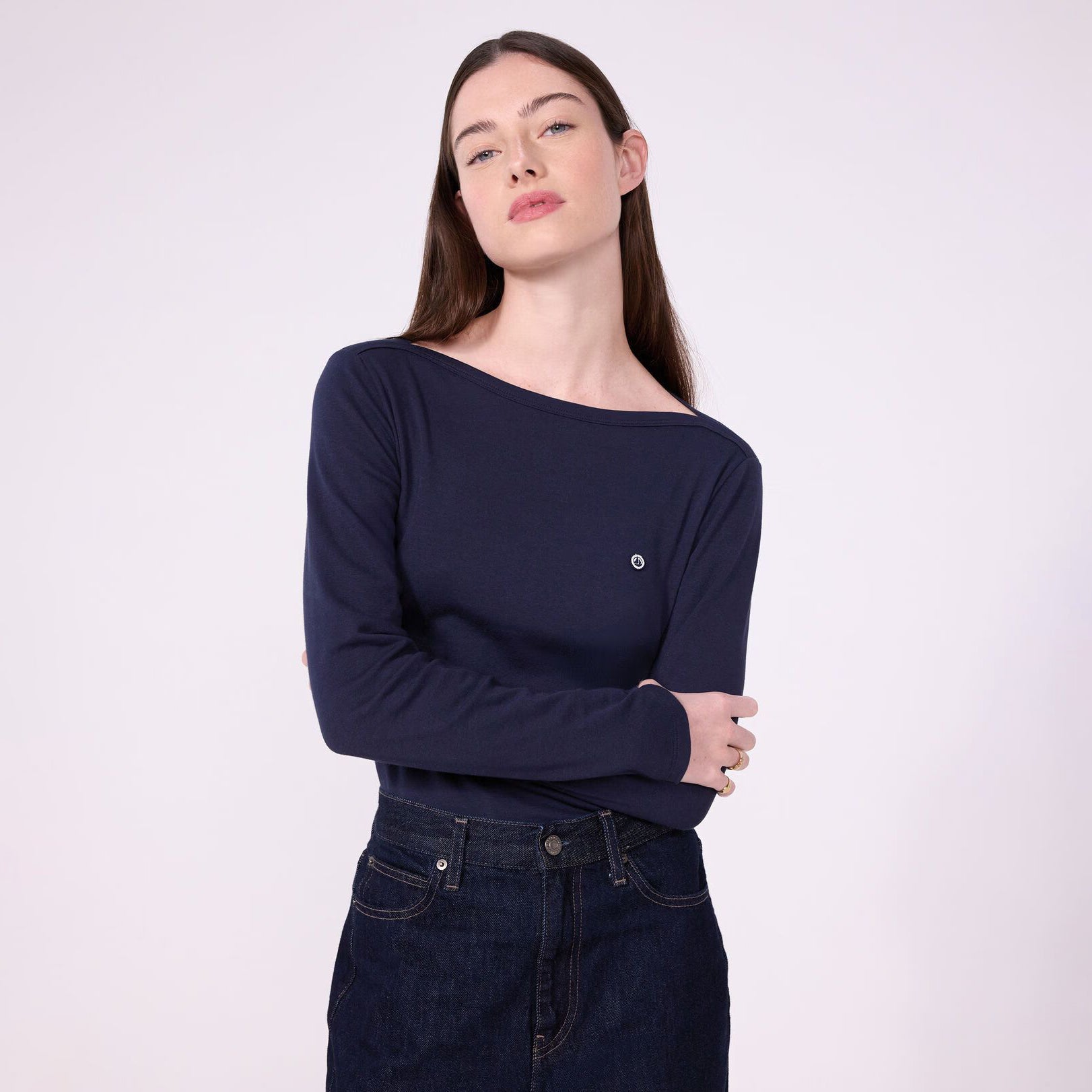 Women Navy Cotton Long Sleeves T-Shirt
