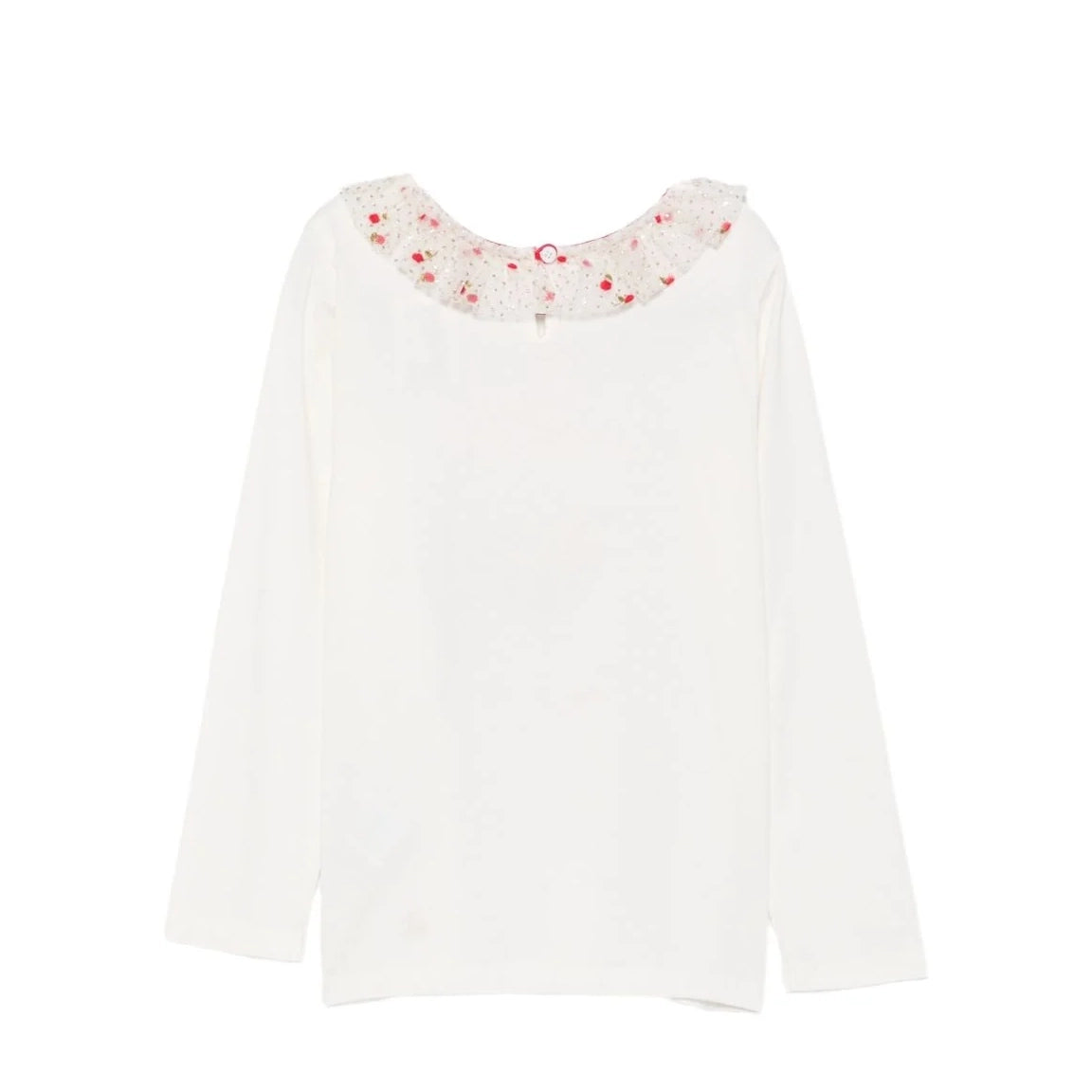 Girls White Ruffled Cotton T-Shirt