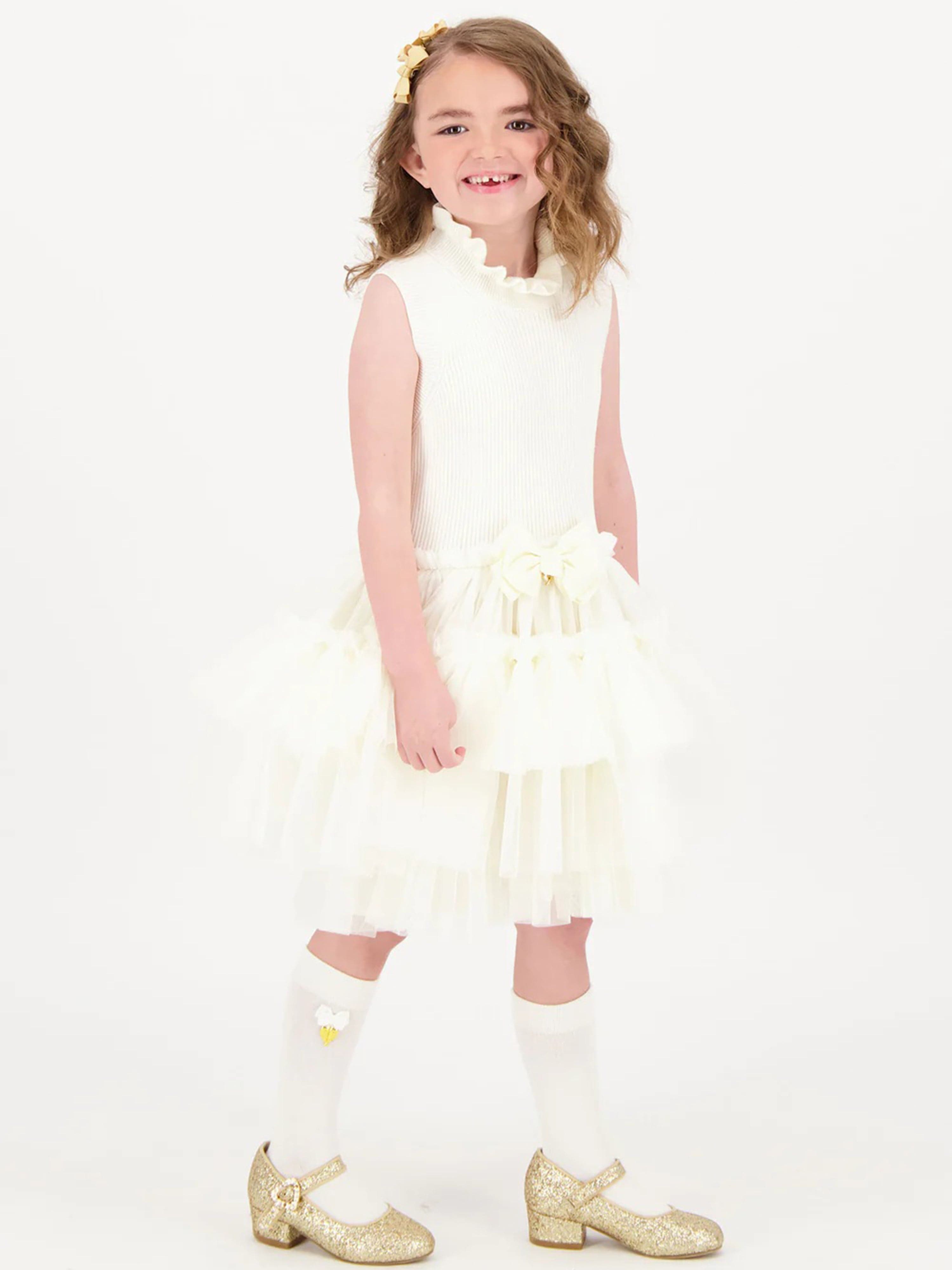 Girls Eunice Sleeveless Knit With Tulle Dress in Ivory