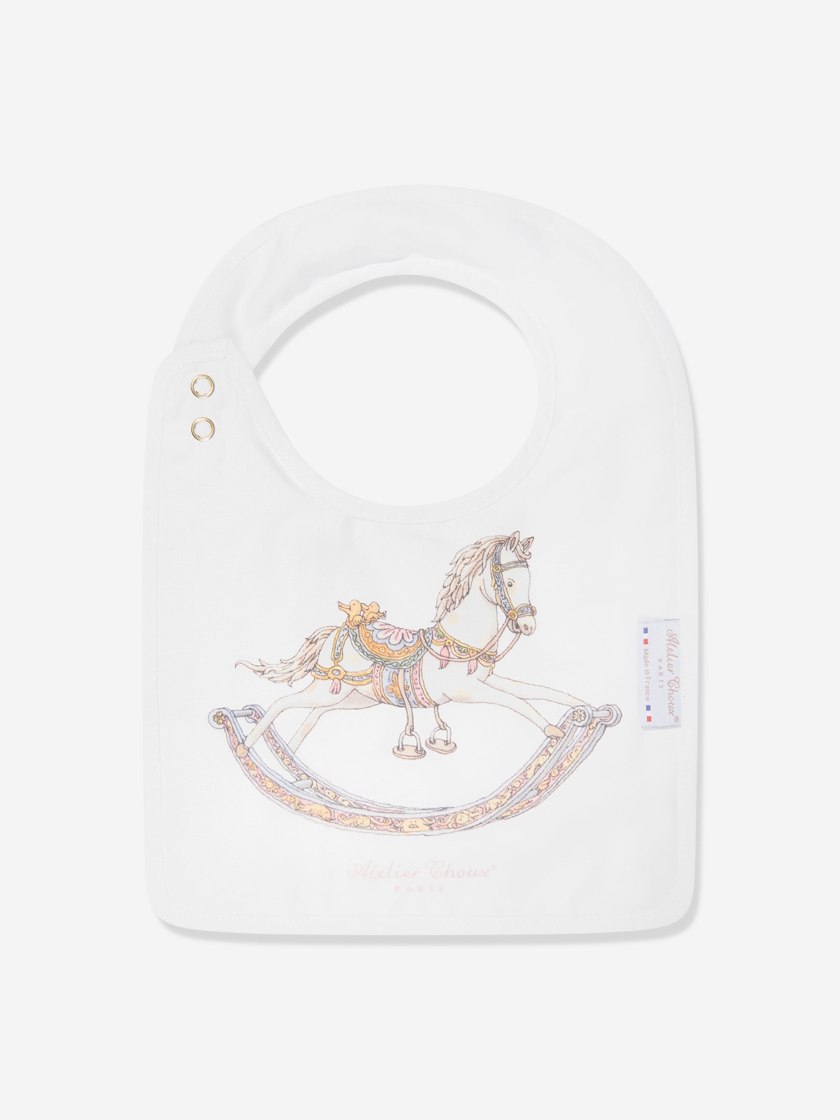 Atelier Choux Baby Rocking Horse Swaddle And Satin Bib Gift Set in White