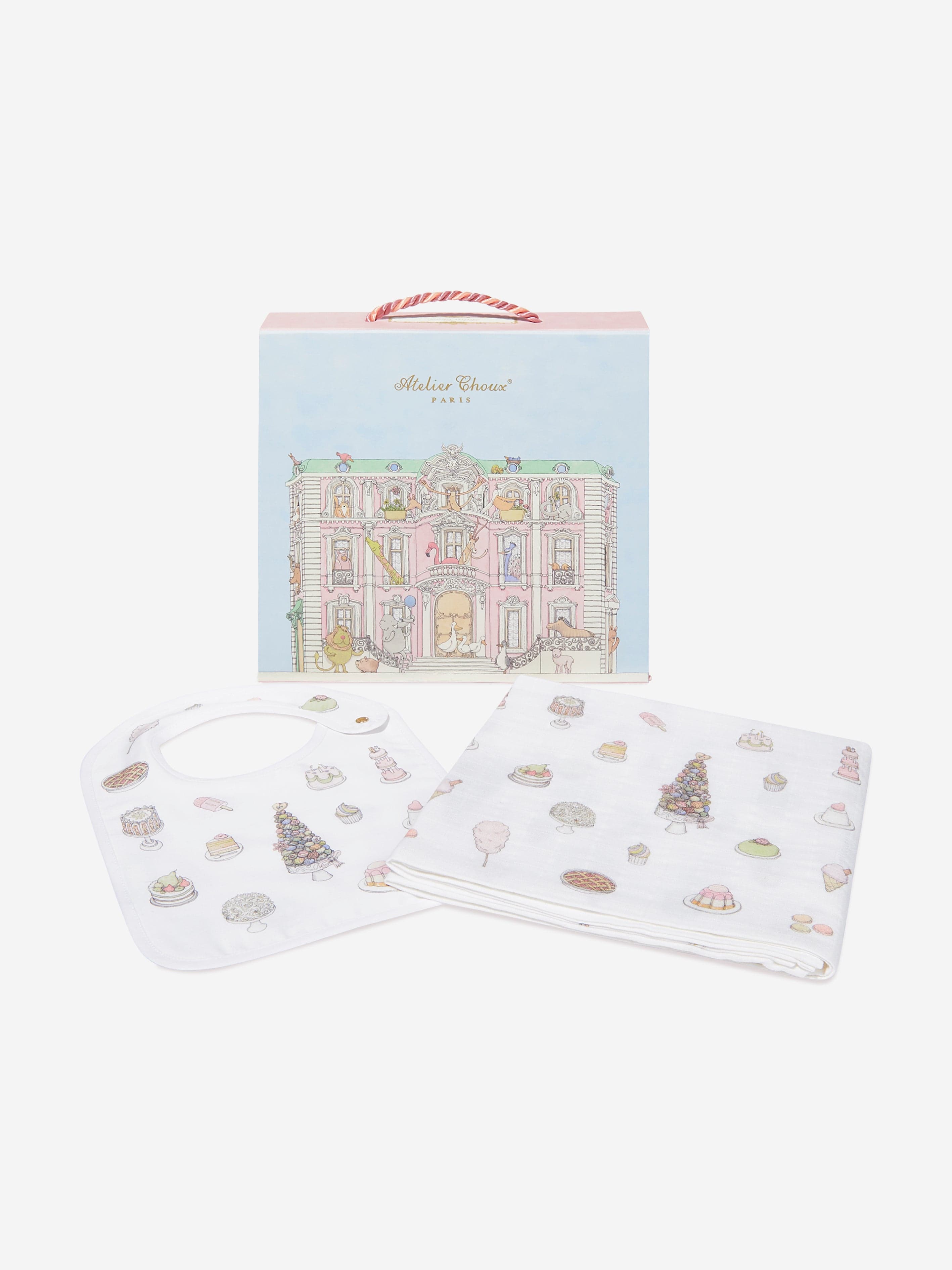 Atelier Choux Baby Girls Sweetie Pie Carré and Satin Bibs Set in Pink