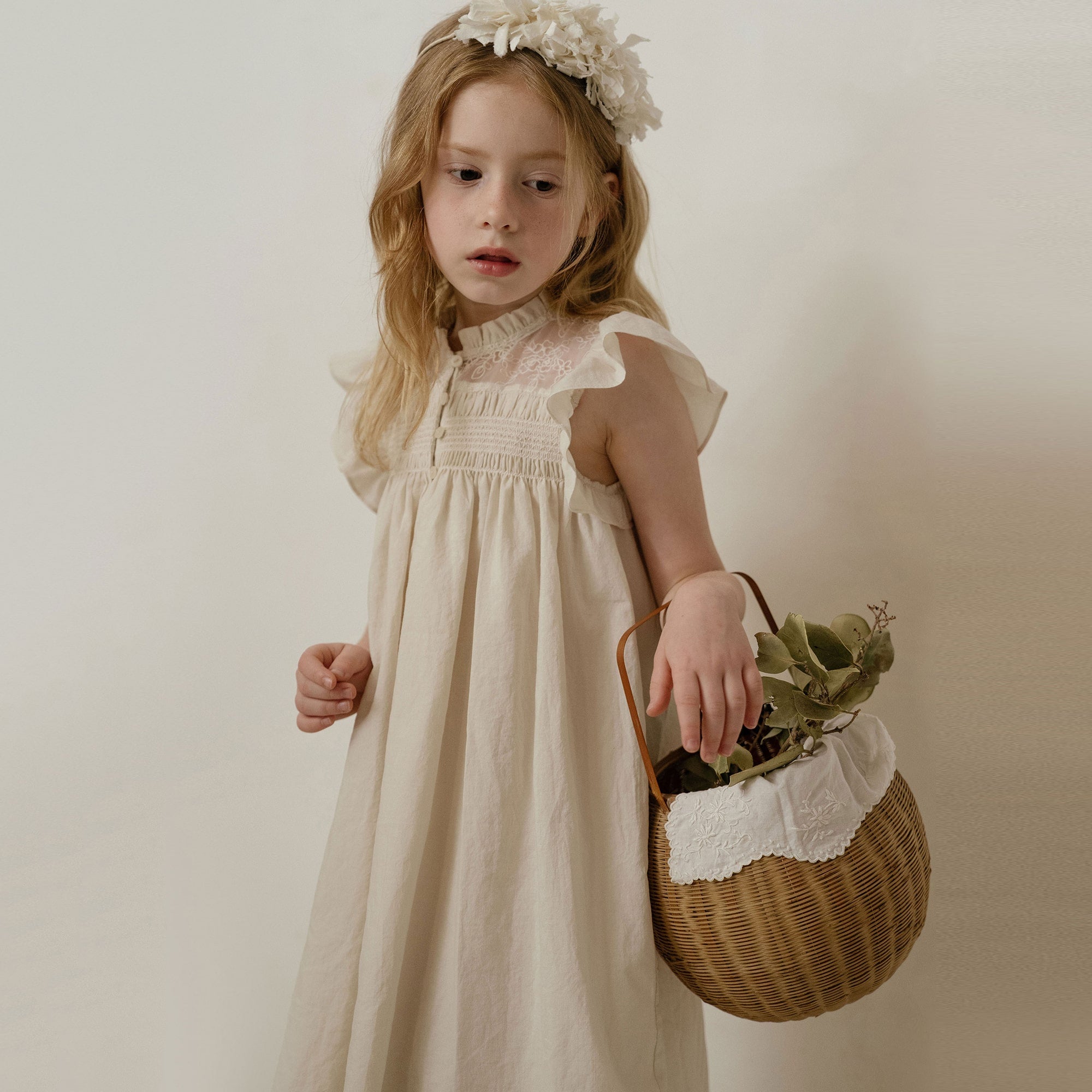Girls Beige Lace Cotton Dress