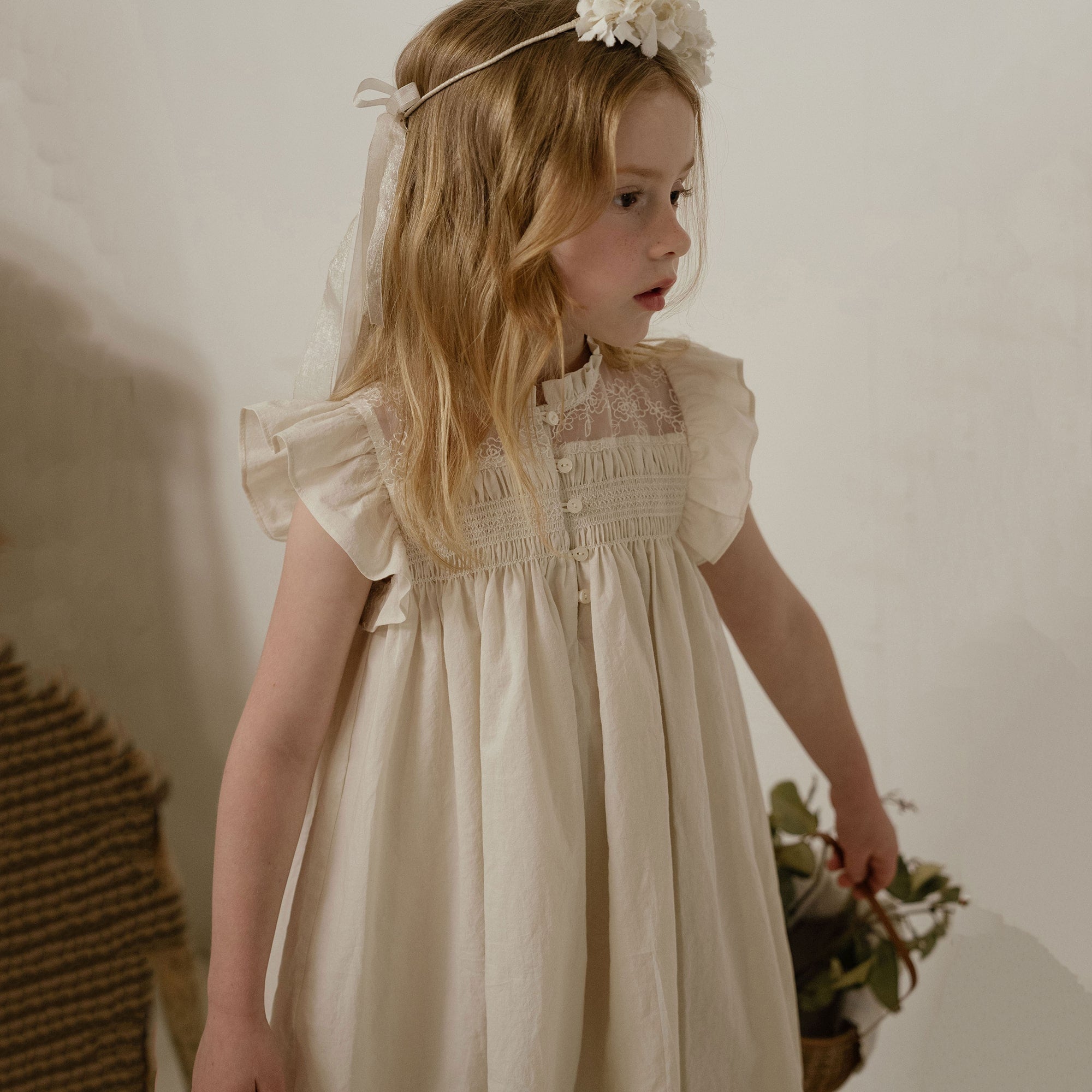 Girls Beige Lace Cotton Dress