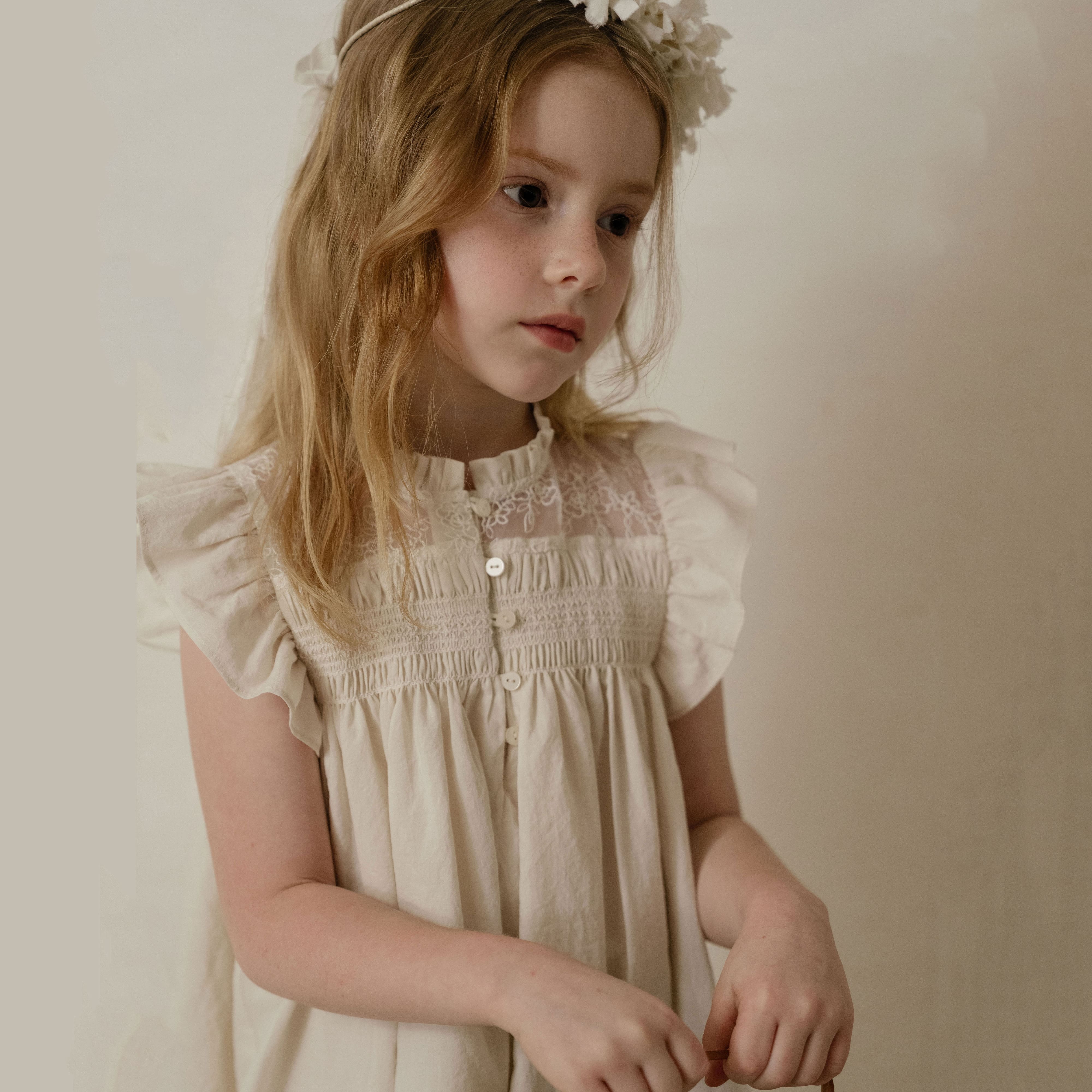 Girls Beige Lace Cotton Dress