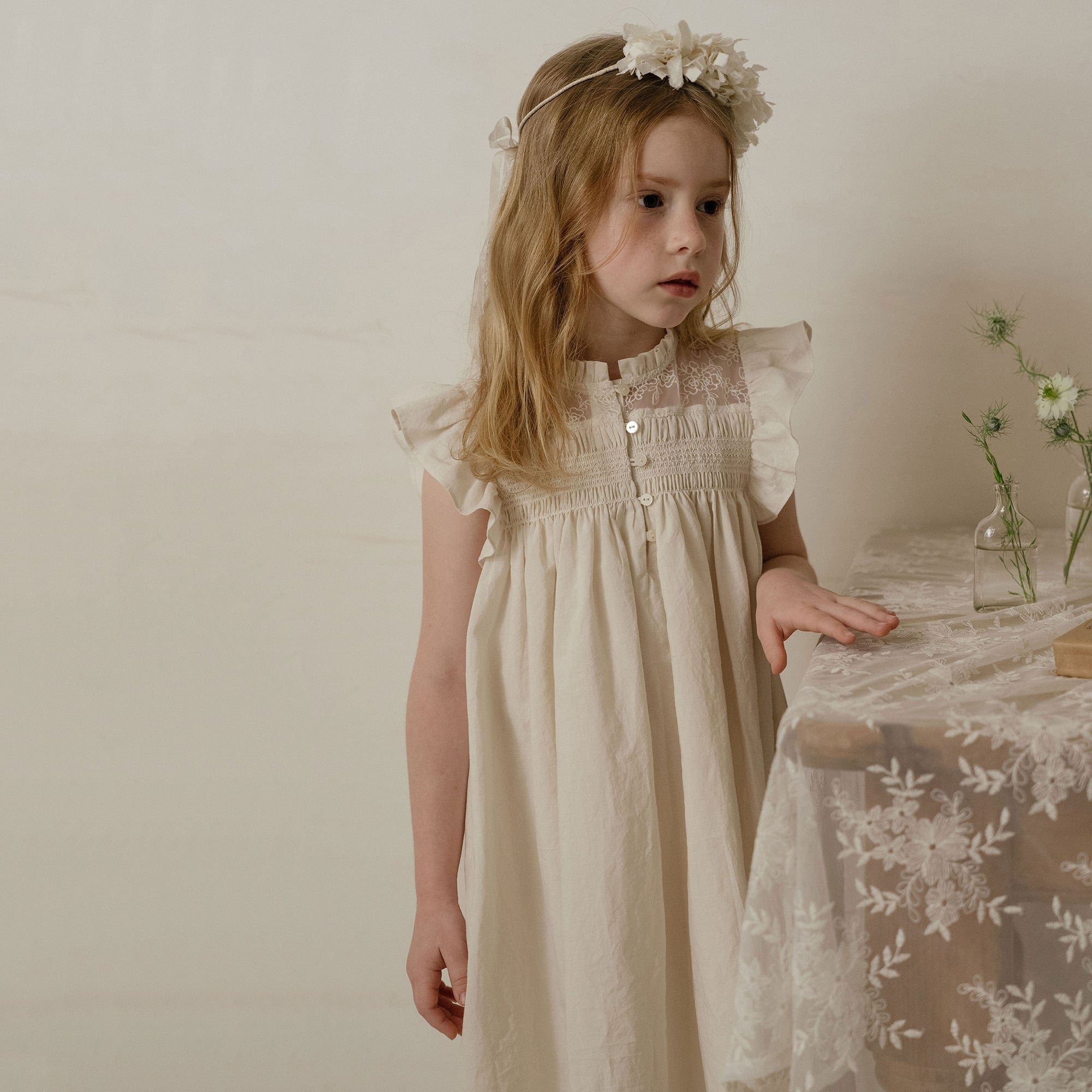 Girls Beige Lace Cotton Dress