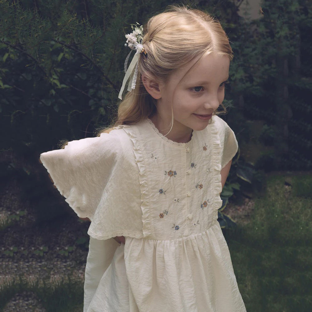 Girls Light Beige Embroidered Floral Dress