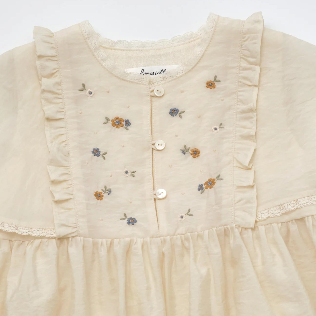 Girls Light Beige Embroidered Floral Dress