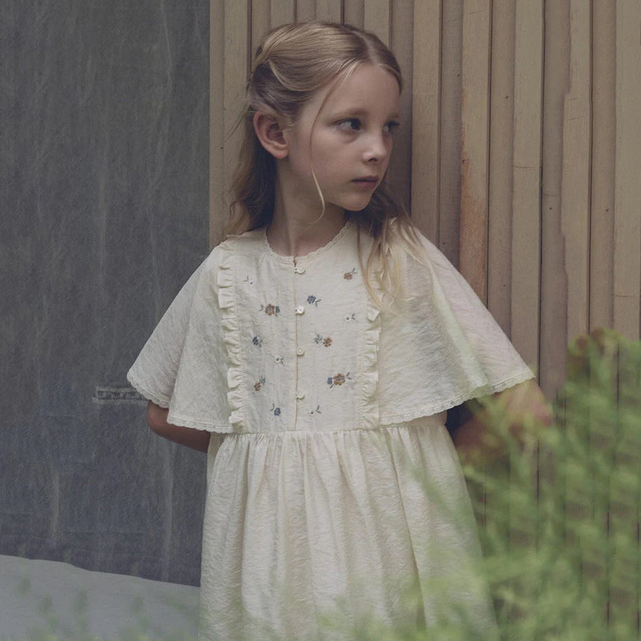 Girls Light Beige Embroidered Floral Dress