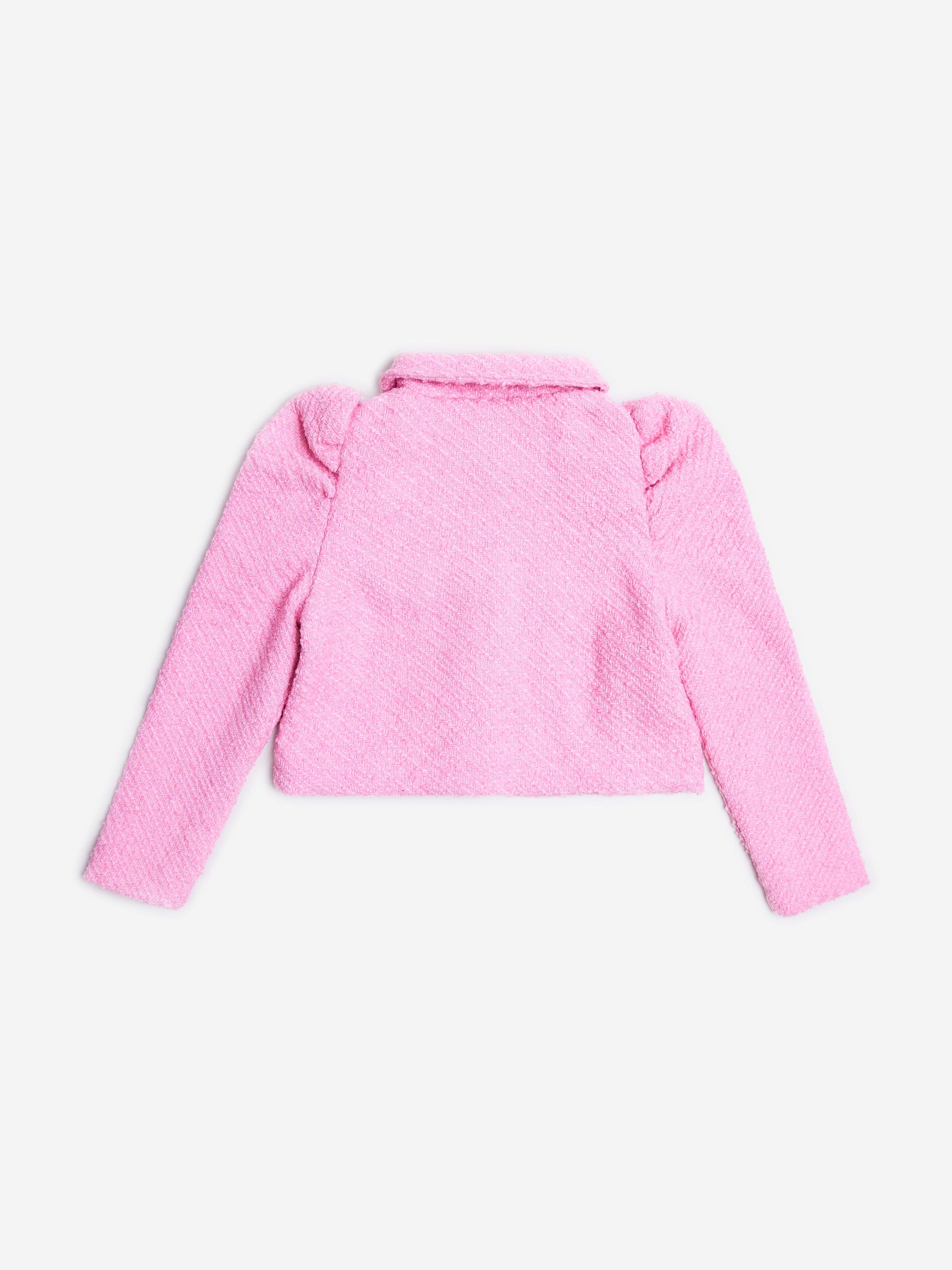 Girls Tweed Puff Sleeve Jacket in Pink
