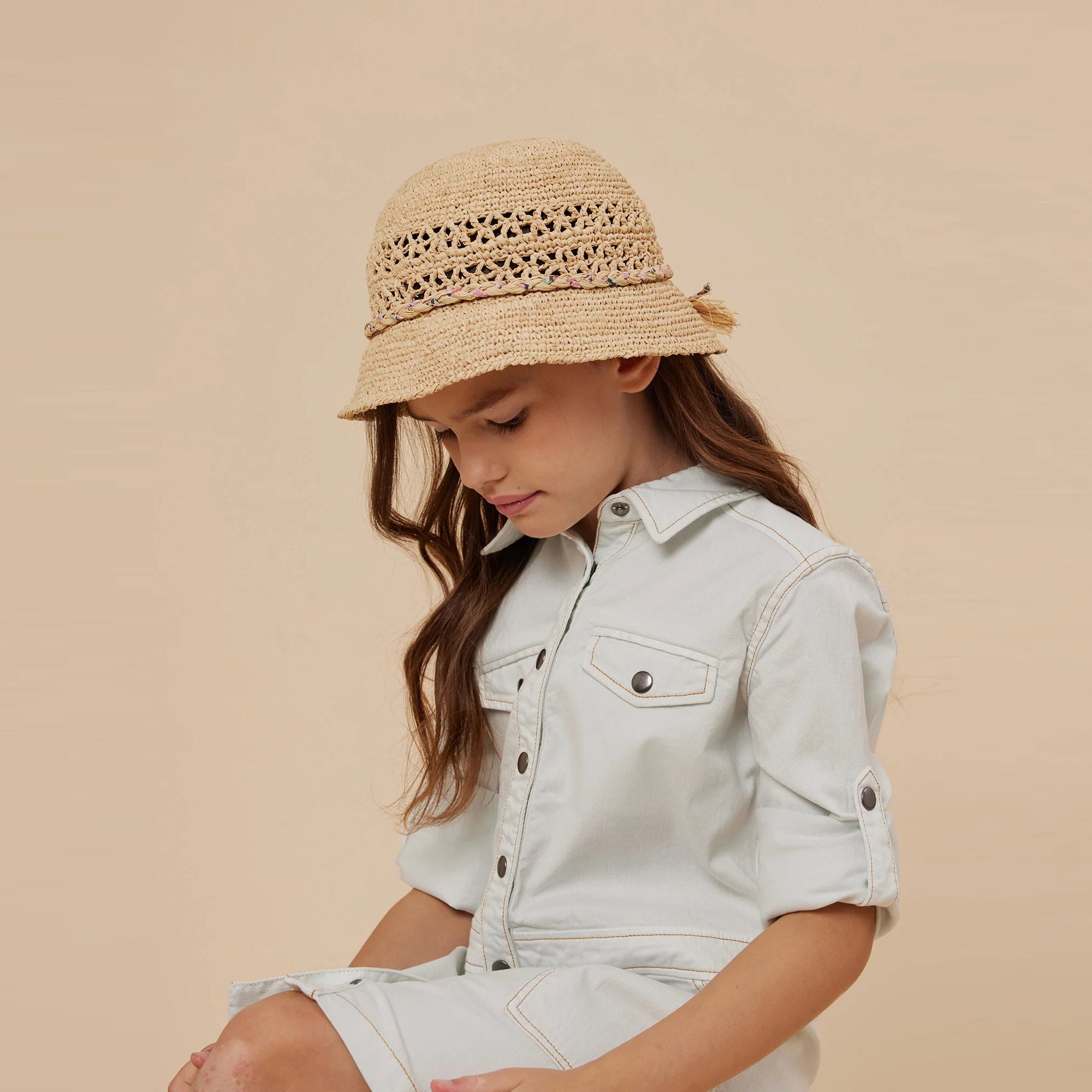 Girls Beige Hollow Raphia Sun Hat
