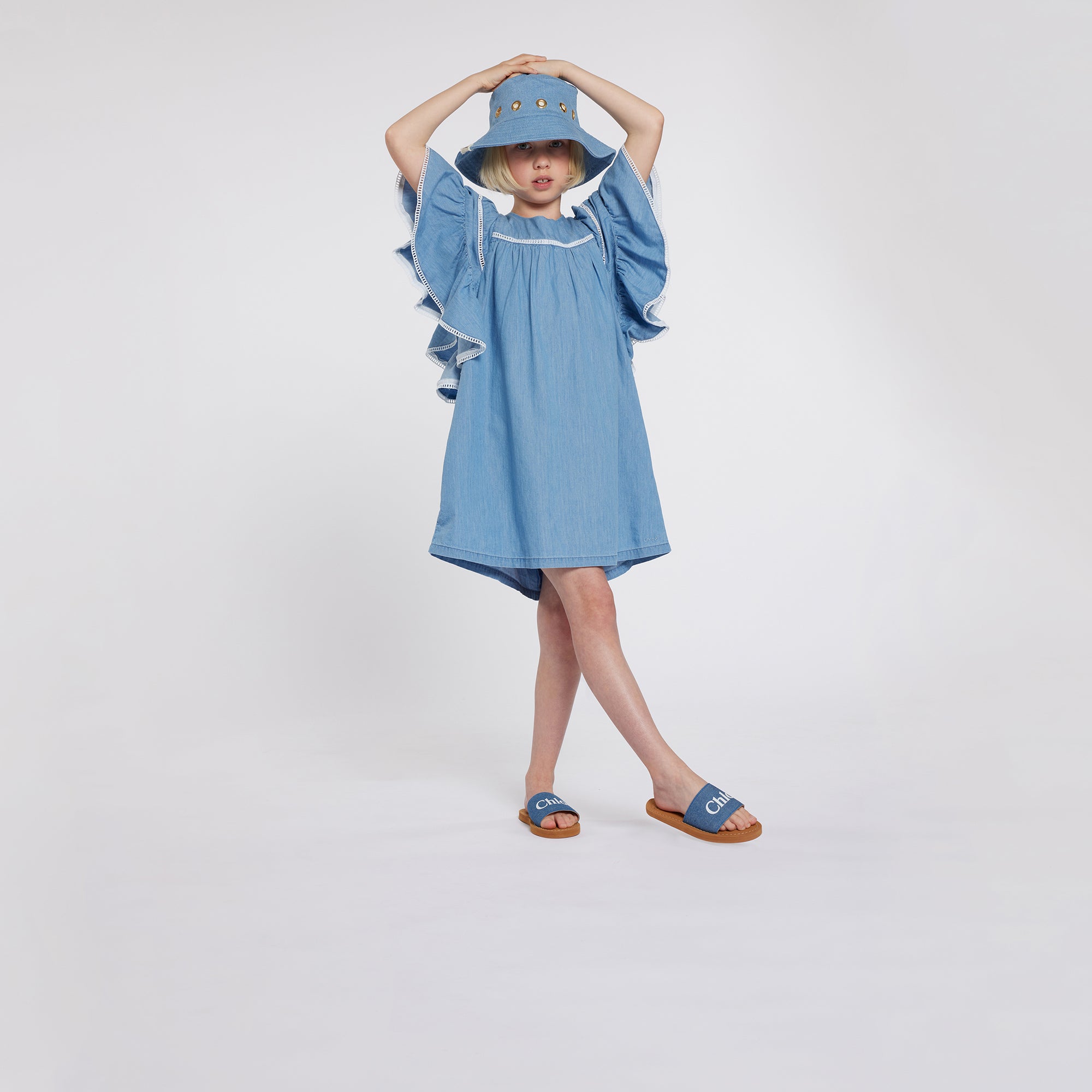 Girls Blue Ruffled Cotton Dress