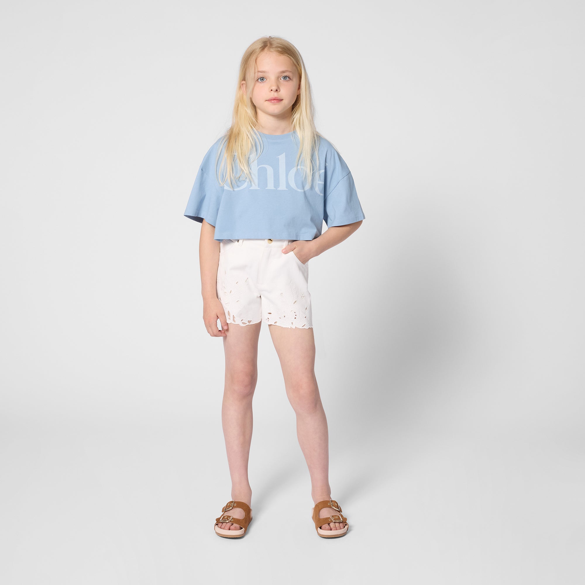 Girls White Embroidered Cotton Shorts