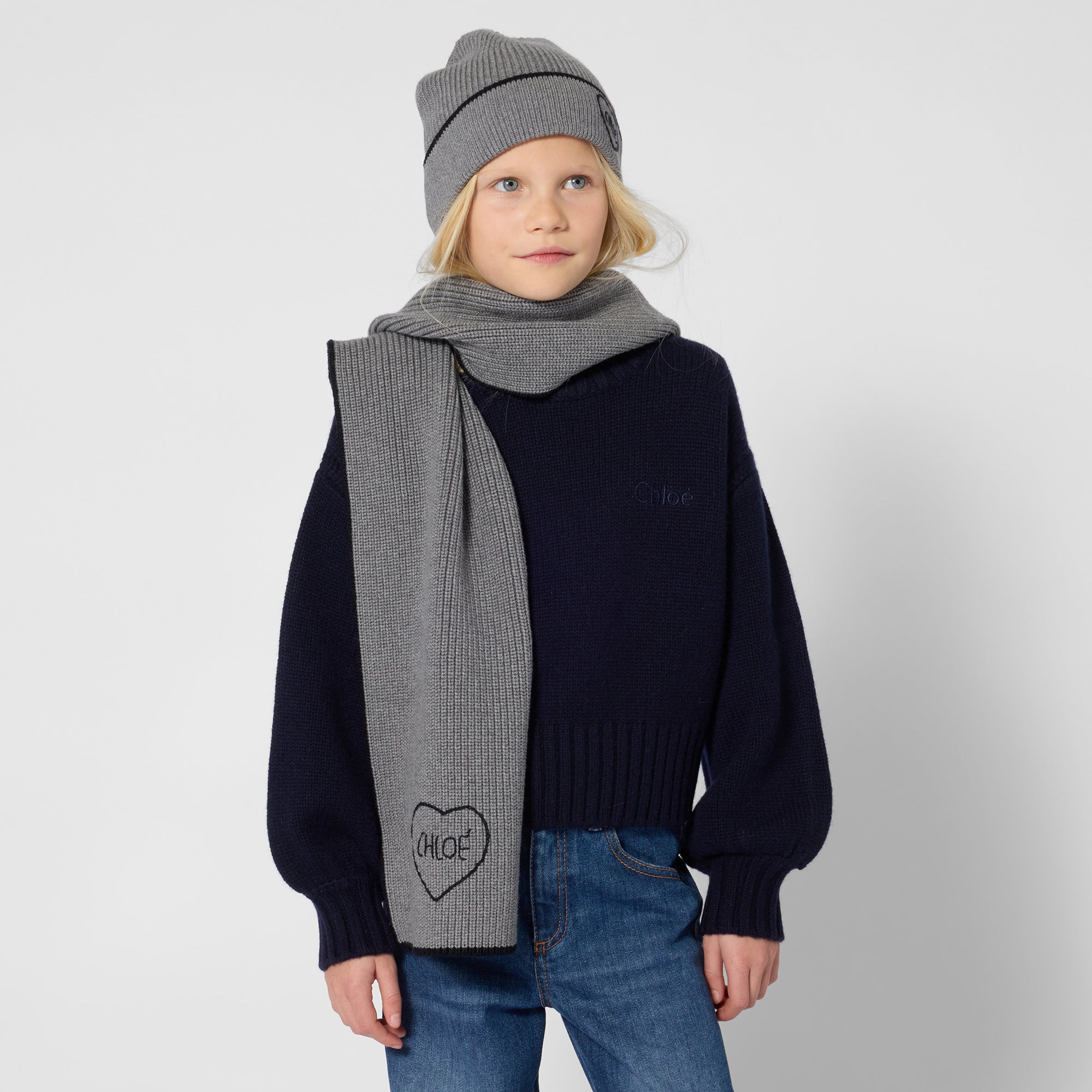 Girls Grey Embroidered Logo Scarf(22 x 180cm)