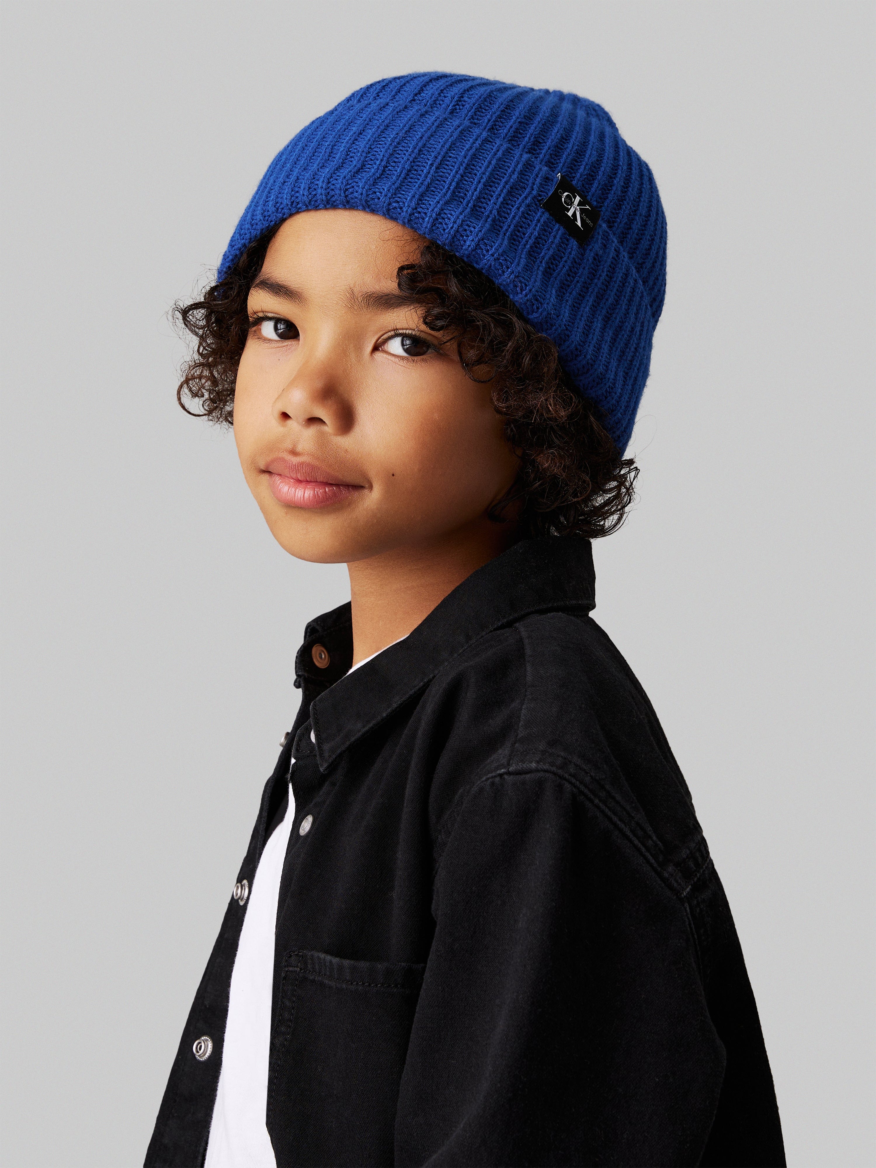 Boys Monogram Rib Beanie Hat in Blue