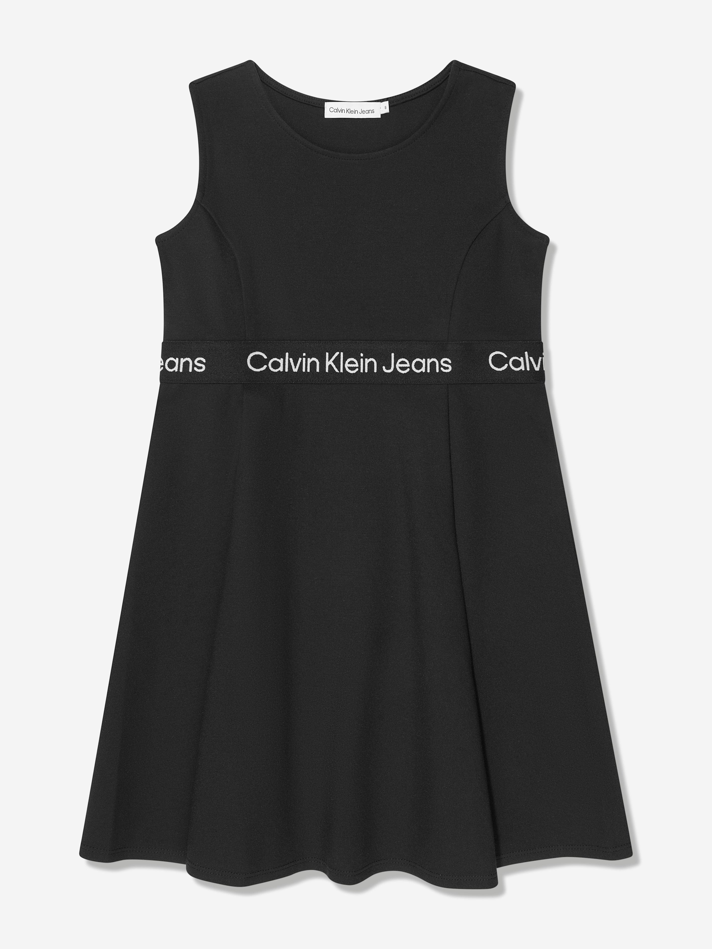 Calvin Klein Girls Logo Tape Punto Sleeveless Dress in Black