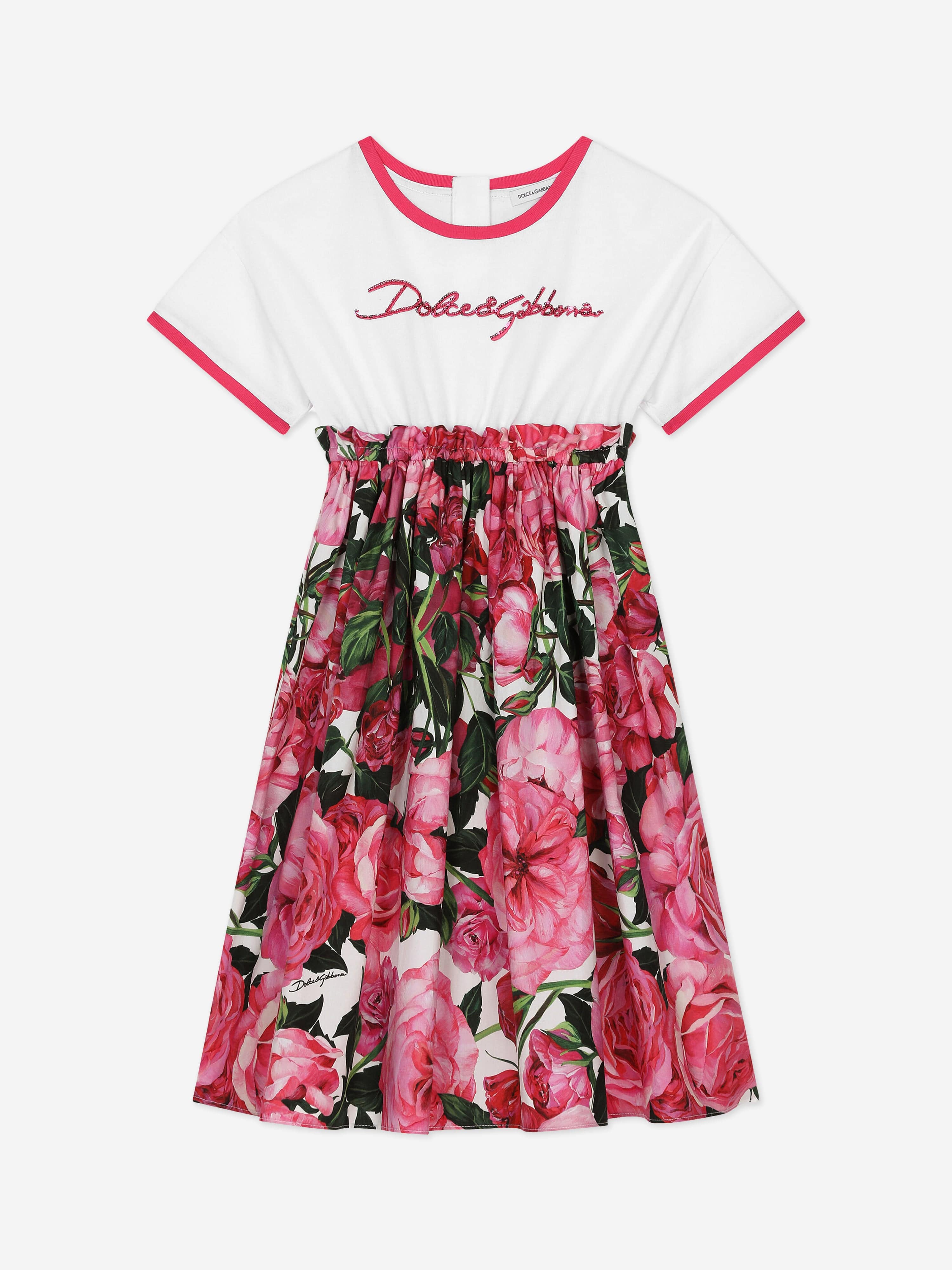 Dolce & Gabbana Girls Cotton Rose Print Dress in Pink