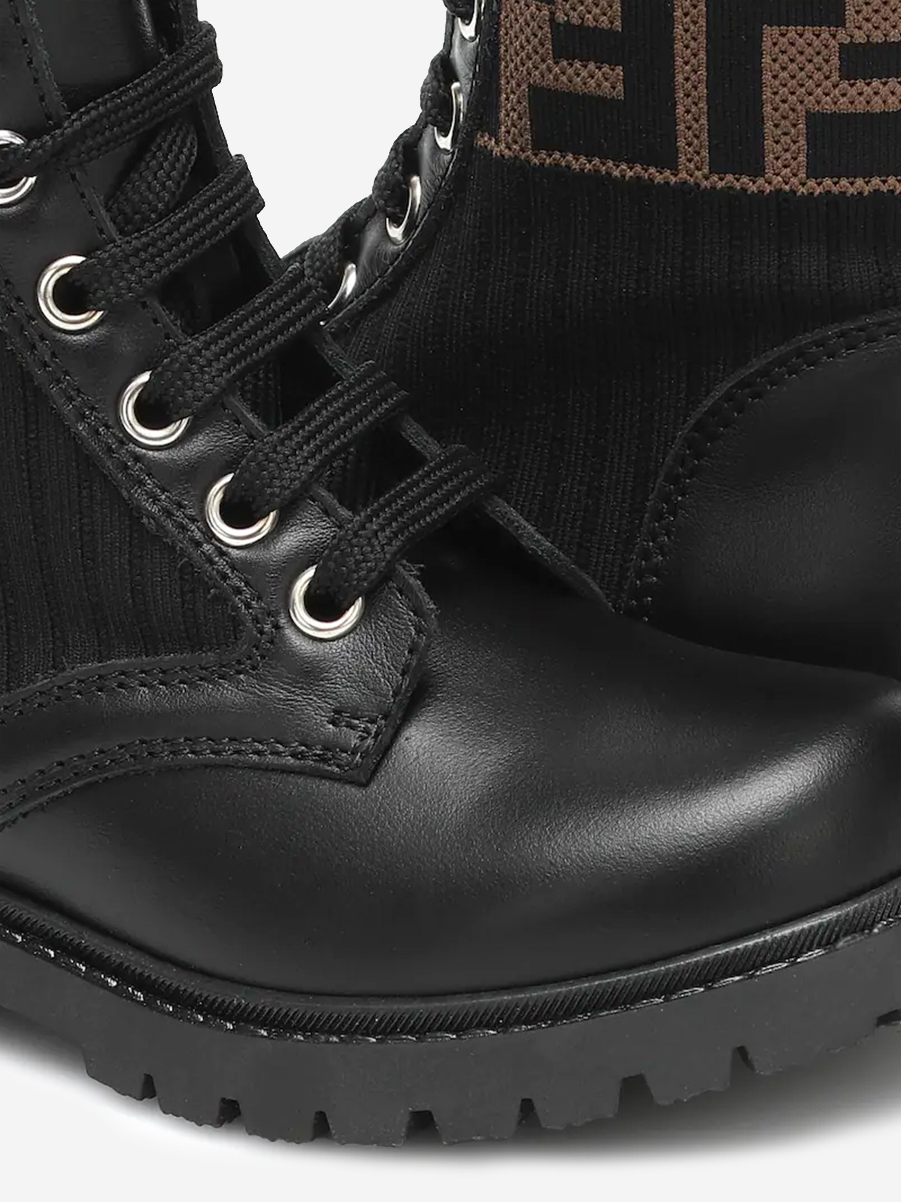 Kids Leather FF Logo Biker Boots in Black
