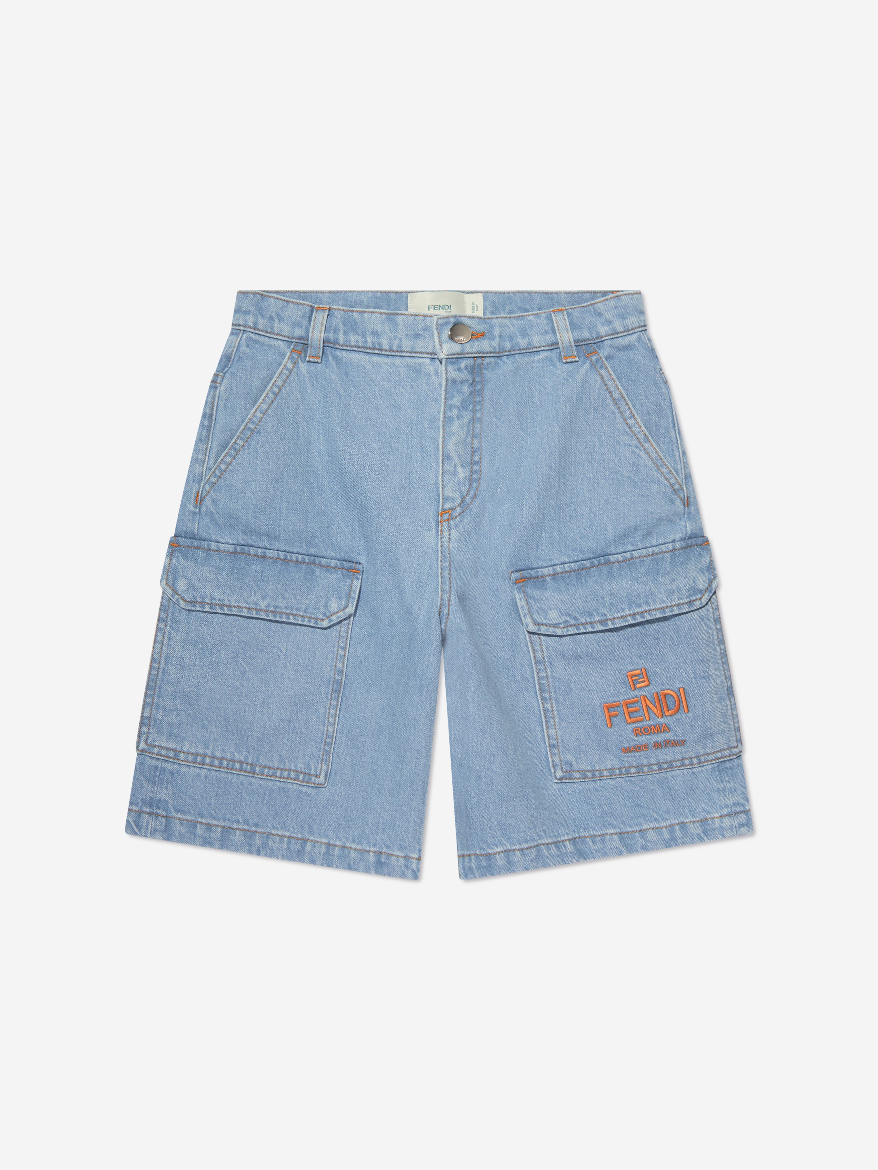Boys Big Pocket Logo Denim Shorts in Blue