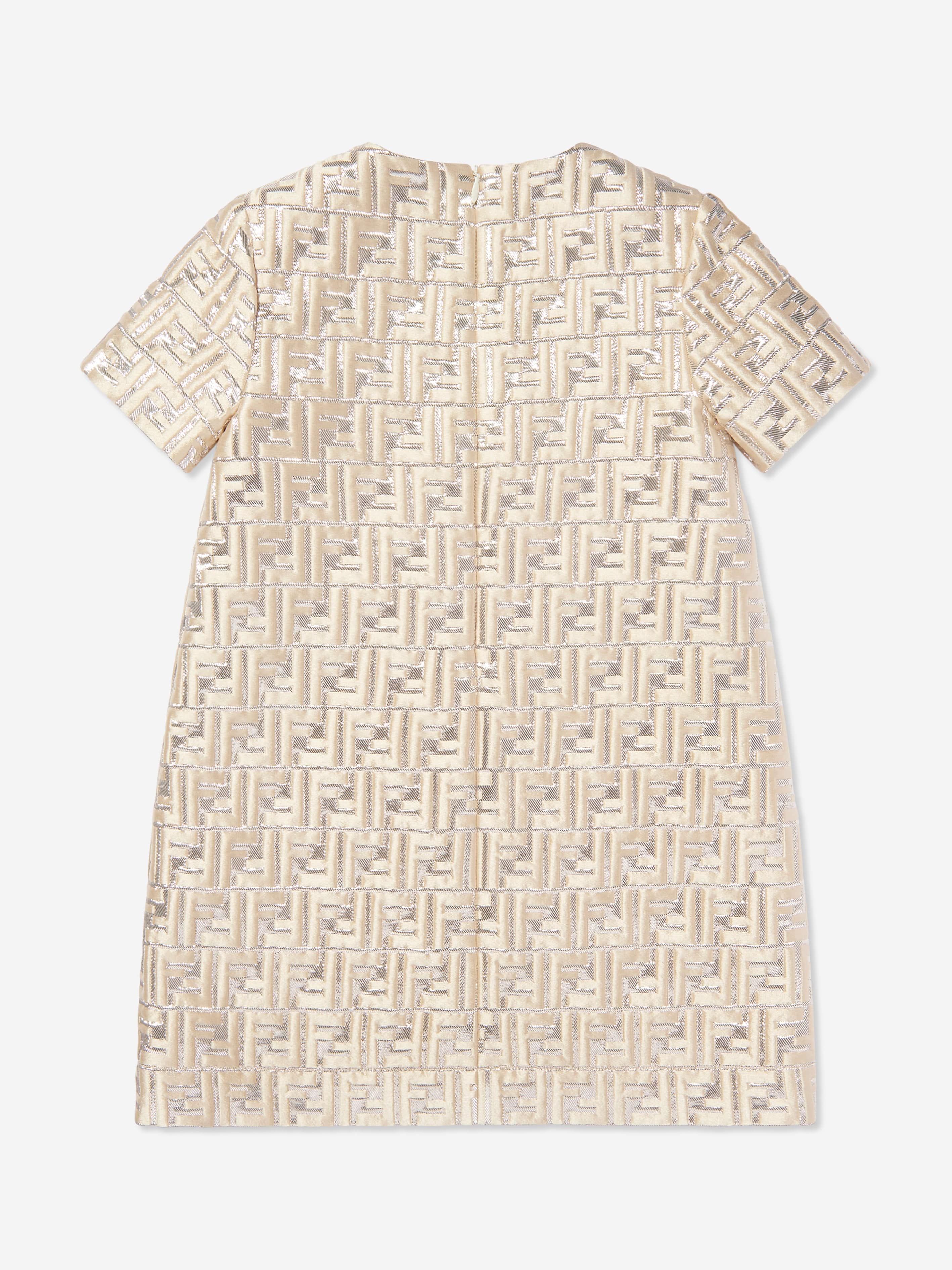 Fendi Girls FF Silk Brocade Dress in Beige