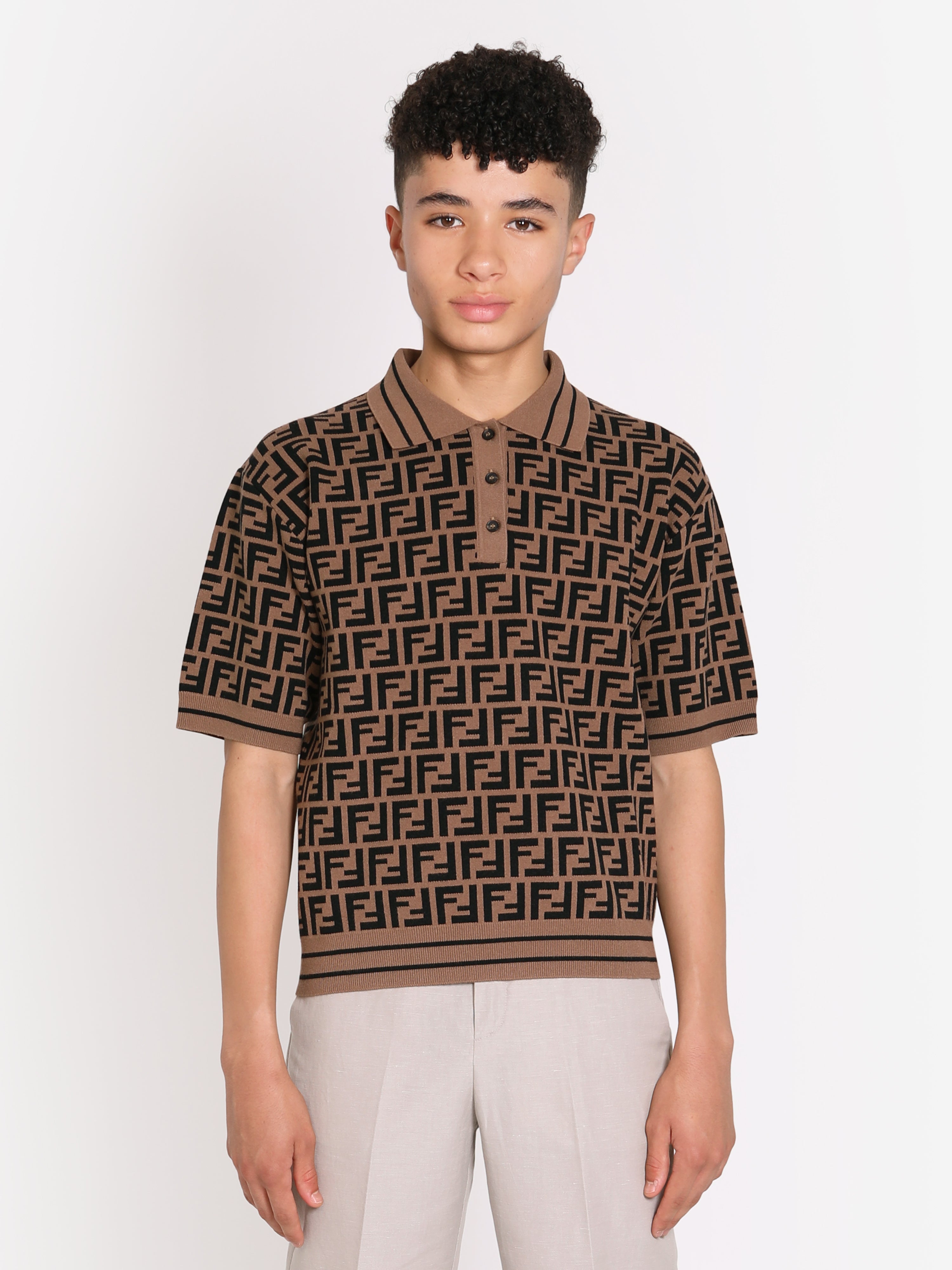 Boys FF Knit Polo Shirt in Brown