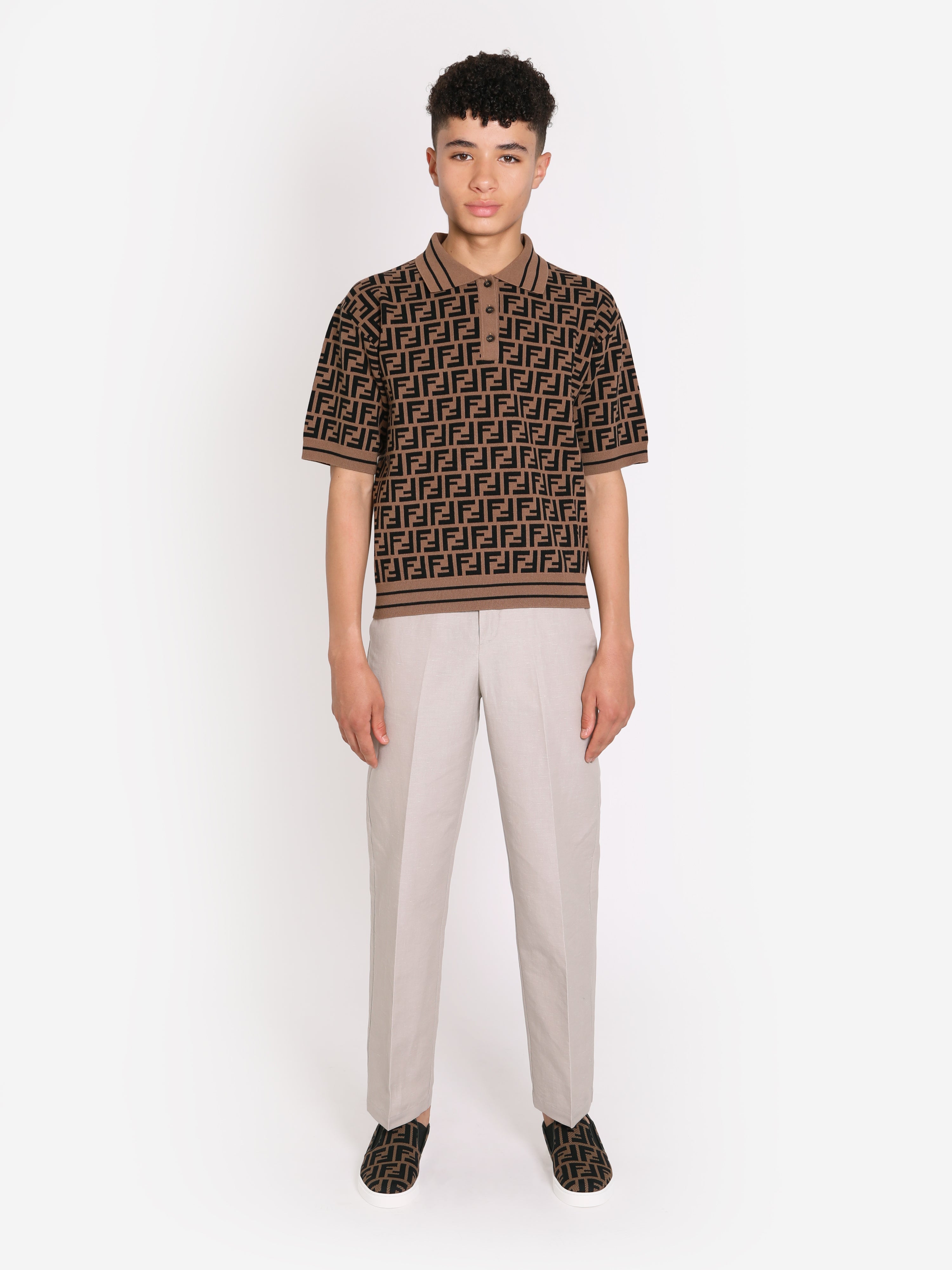 Boys FF Knit Polo Shirt in Brown