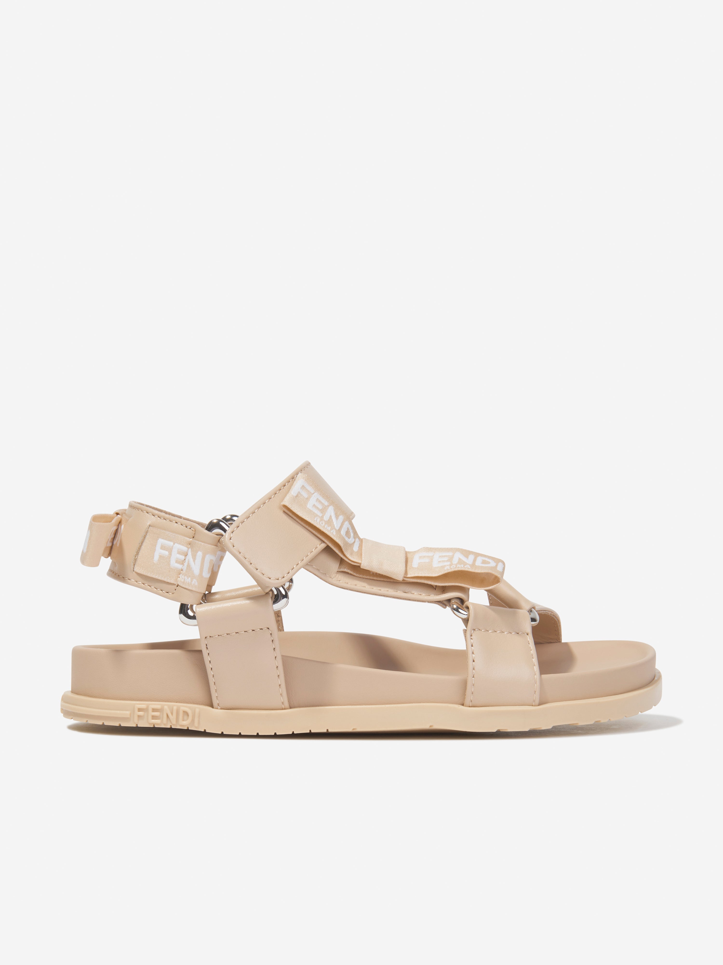 Girls Leather Jacquard Logo Sandals in Beige