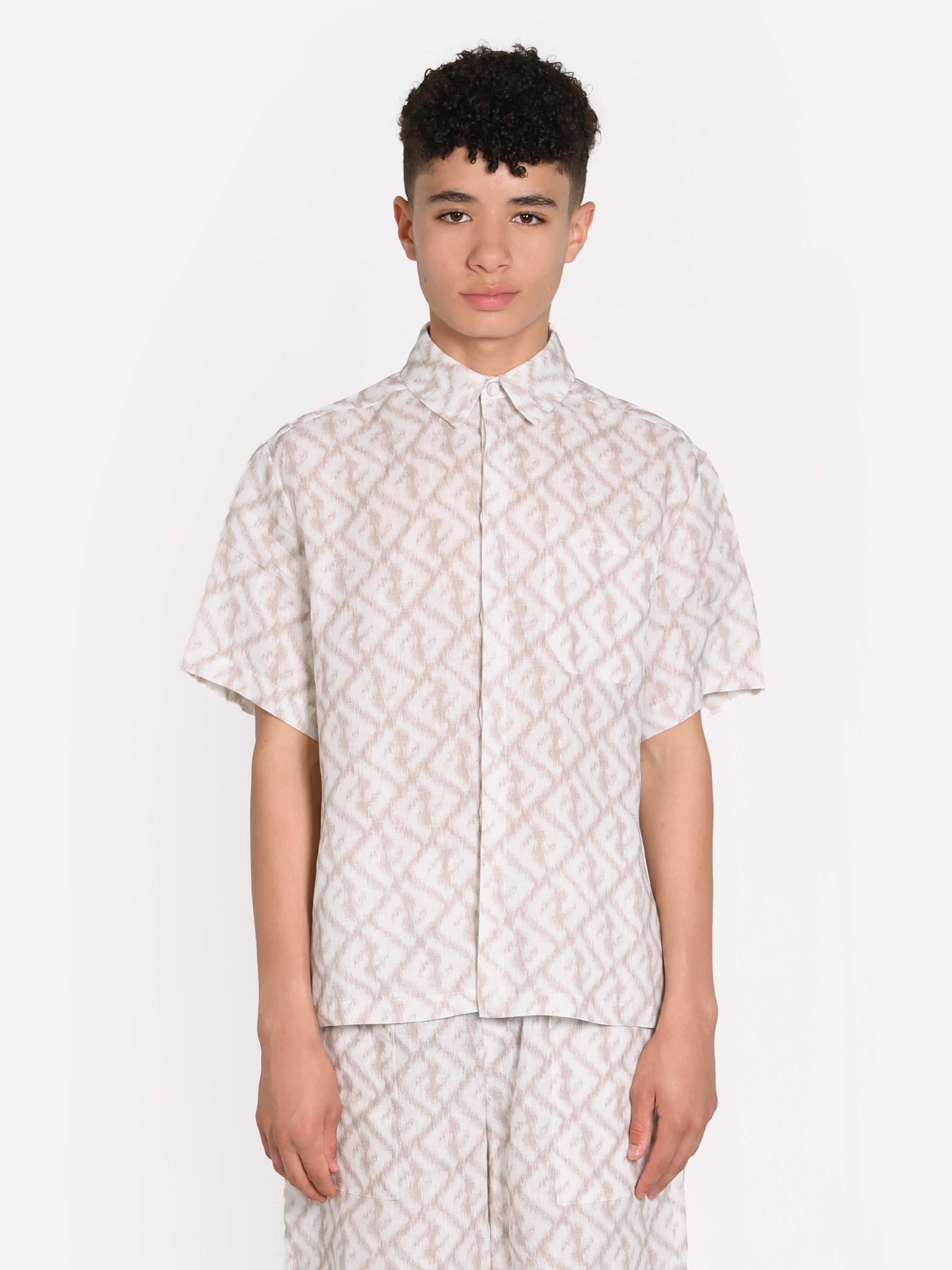 Boys Short Sleeve Linen Logo Shirt in Ivory