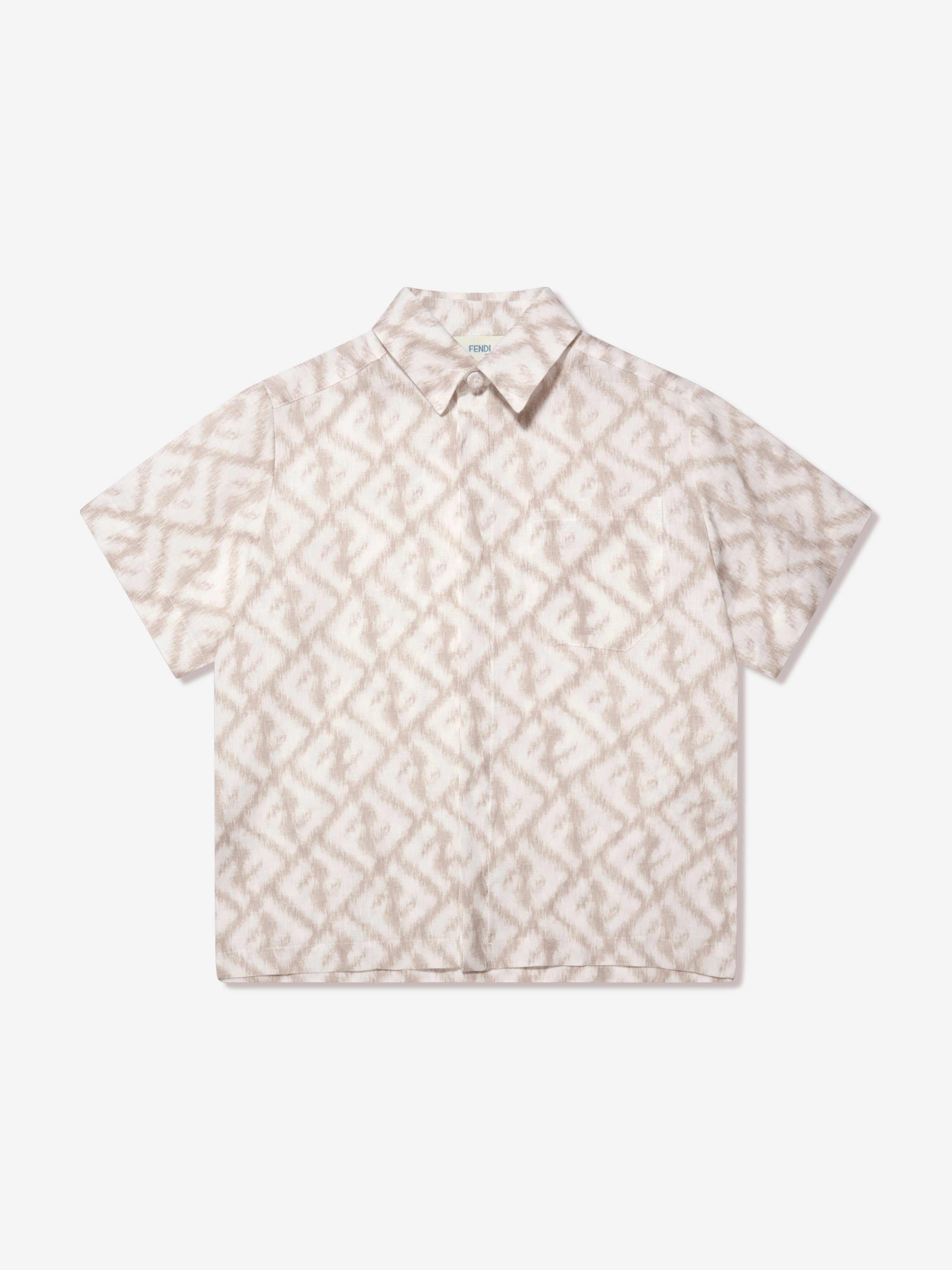 Boys Short Sleeve Linen Logo Shirt in Ivory