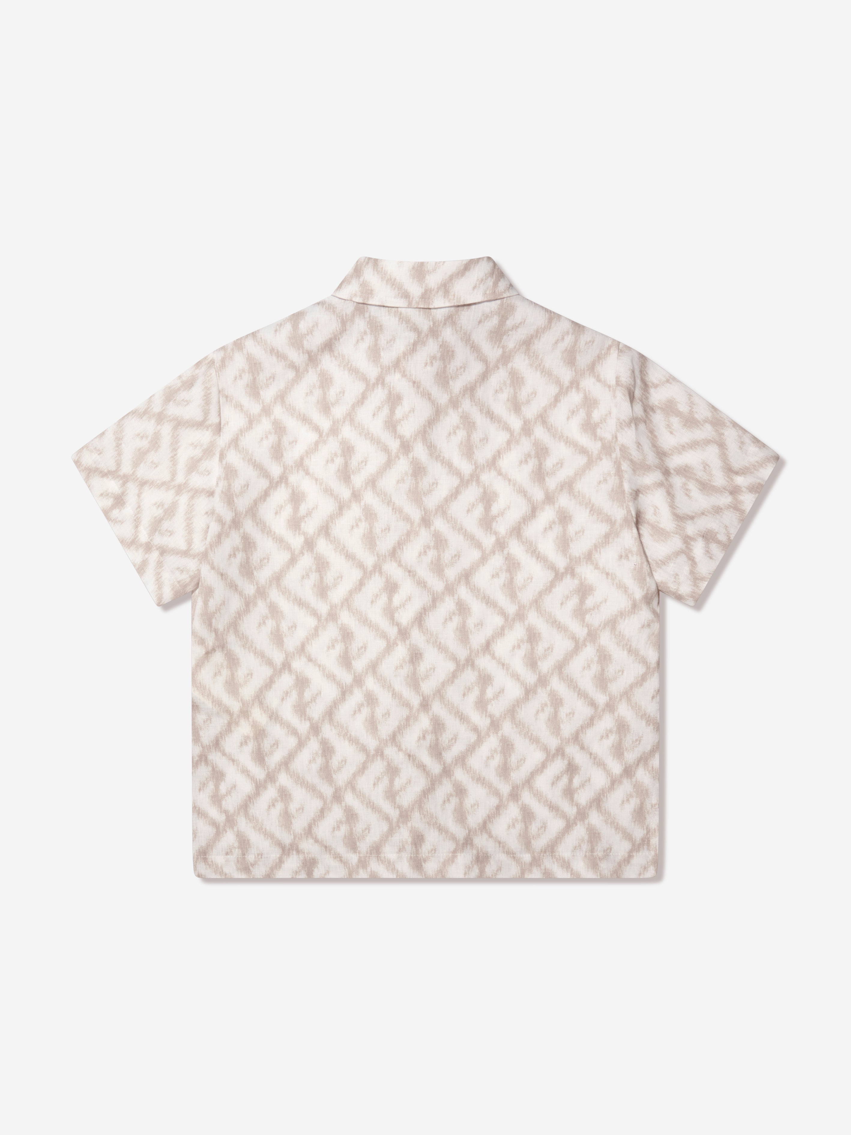 Boys Short Sleeve Linen Logo Shirt in Ivory