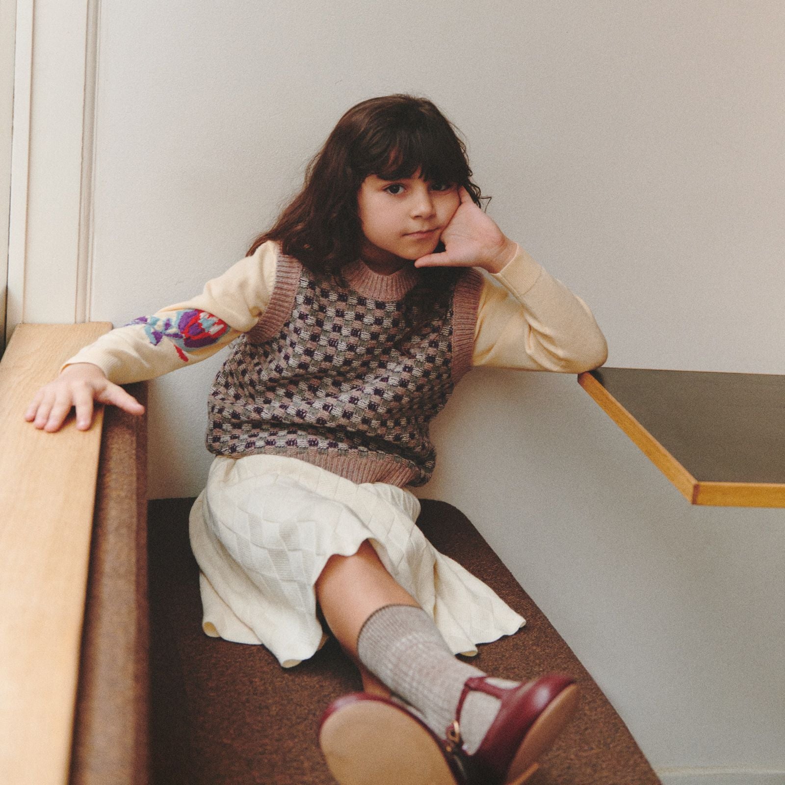 Girls White Diamond Pattern Wool Skirt