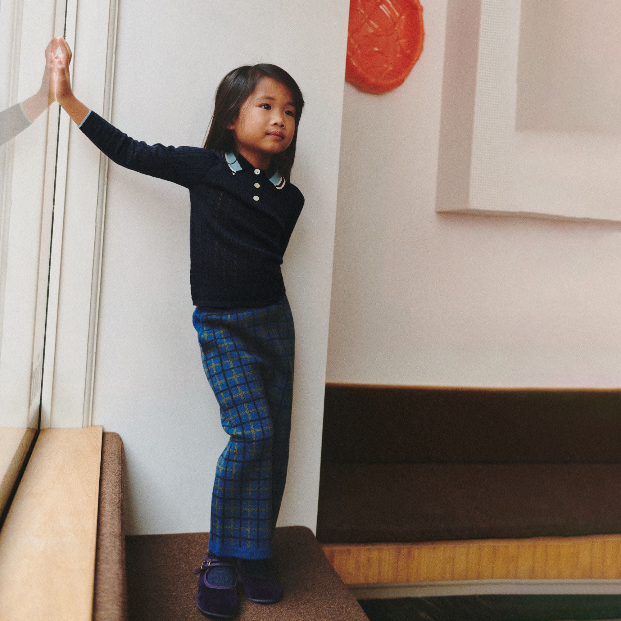 Girls Dark Navy Pointelle Wool Polo Shirt