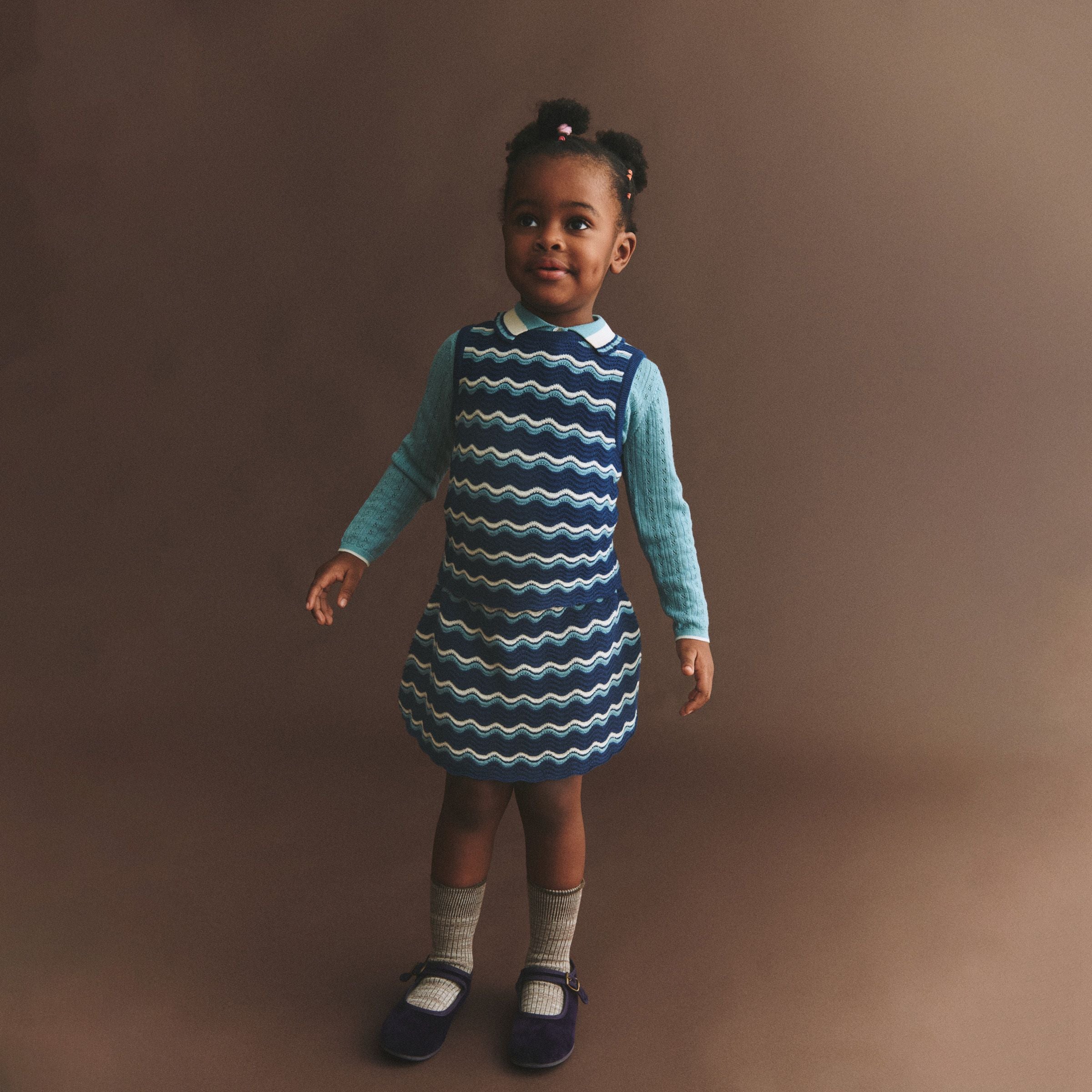 Girls Dark Blue Wave Pointelle Wool Vest
