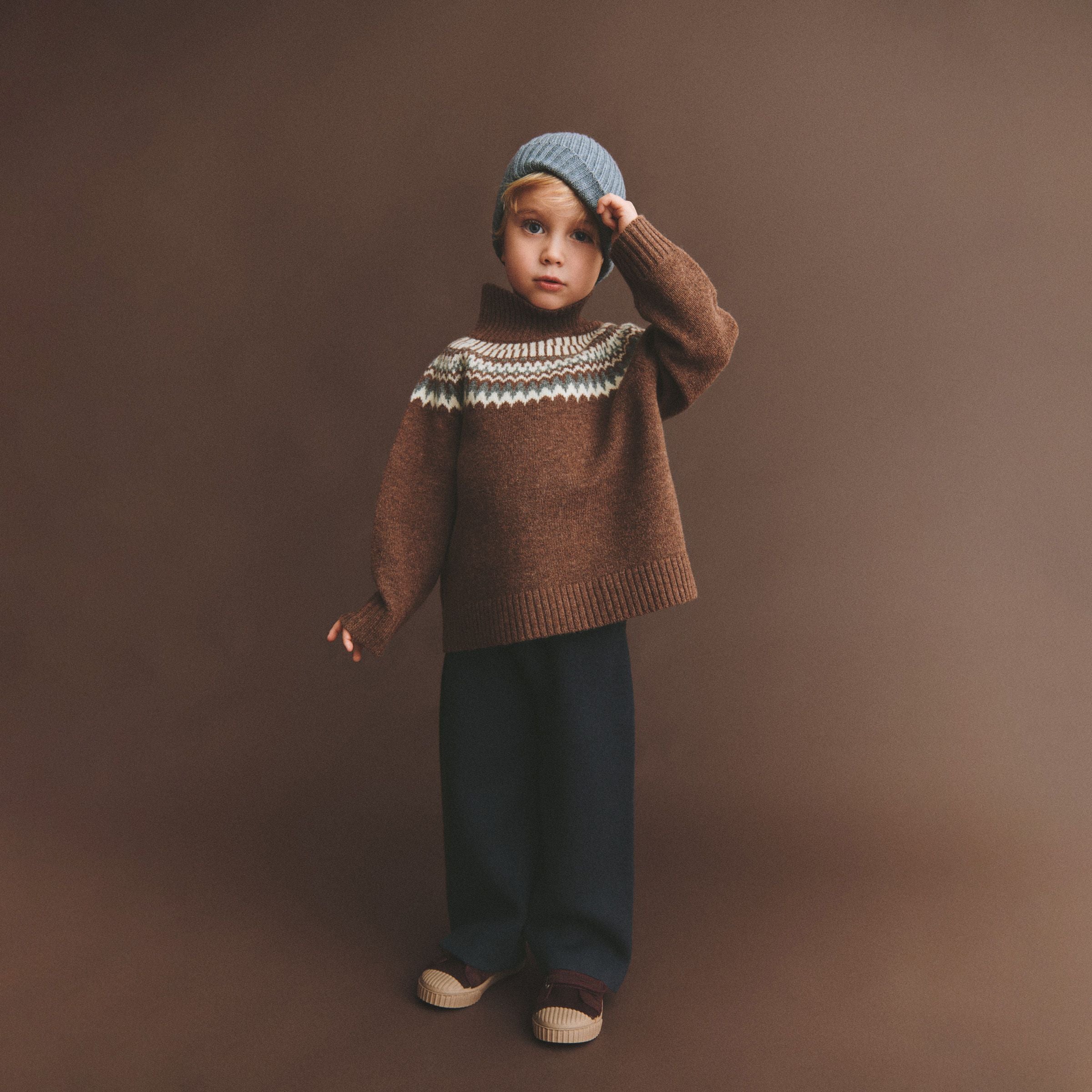 Boys & Girls Brown Jacquard Wool Sweater